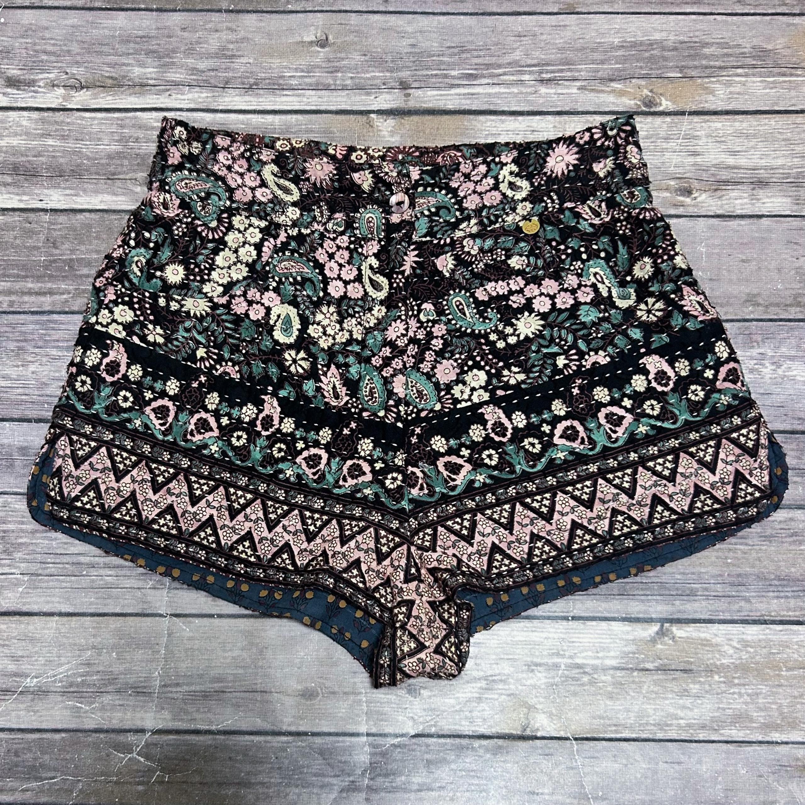 Antik Batik Black Floral Paisley Woven Cotton Helena High Rise Mini Shorts XS 36
