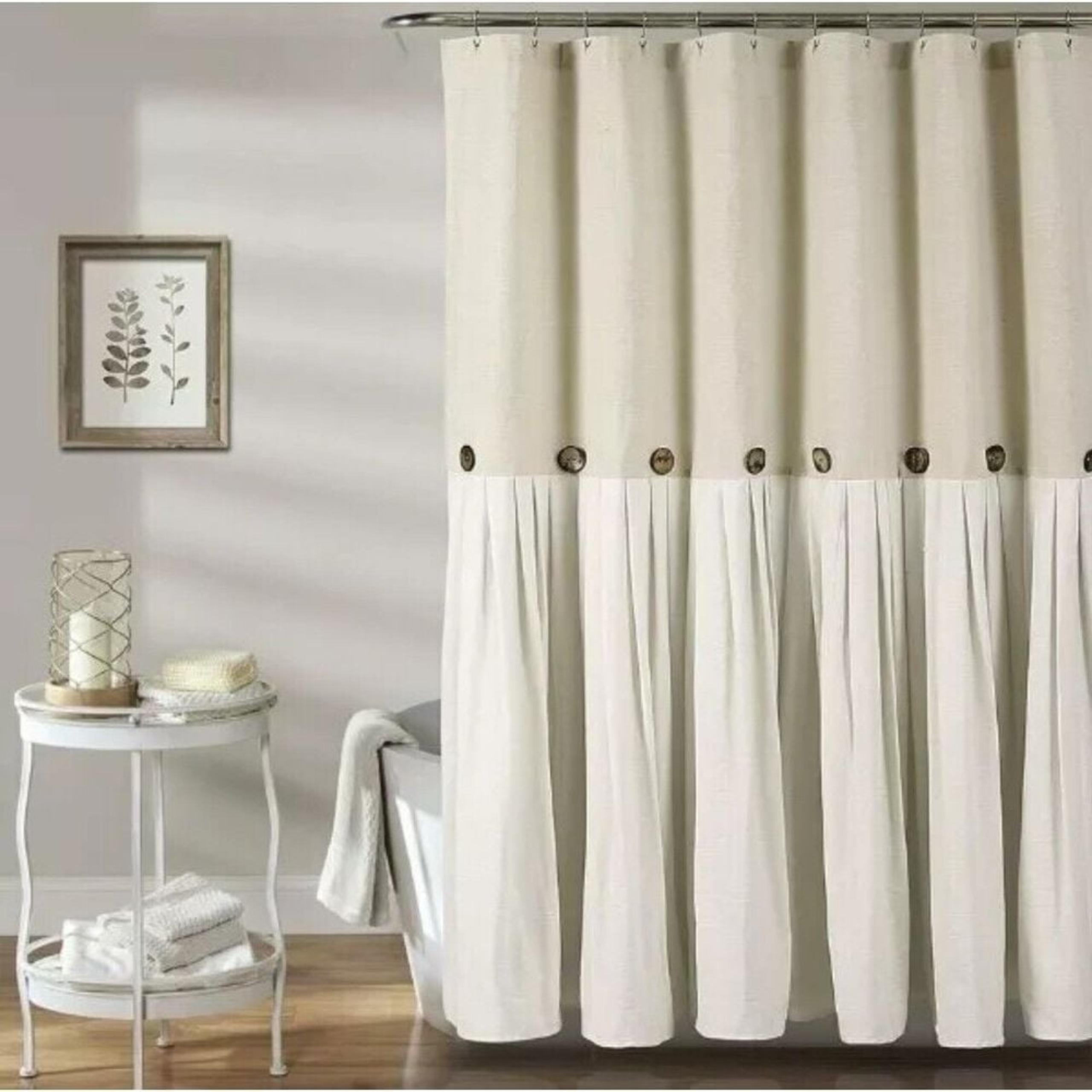 Lush Decor Linen Button Farmhouse Shower Curtain Pleated Two Tone Design NWT $90