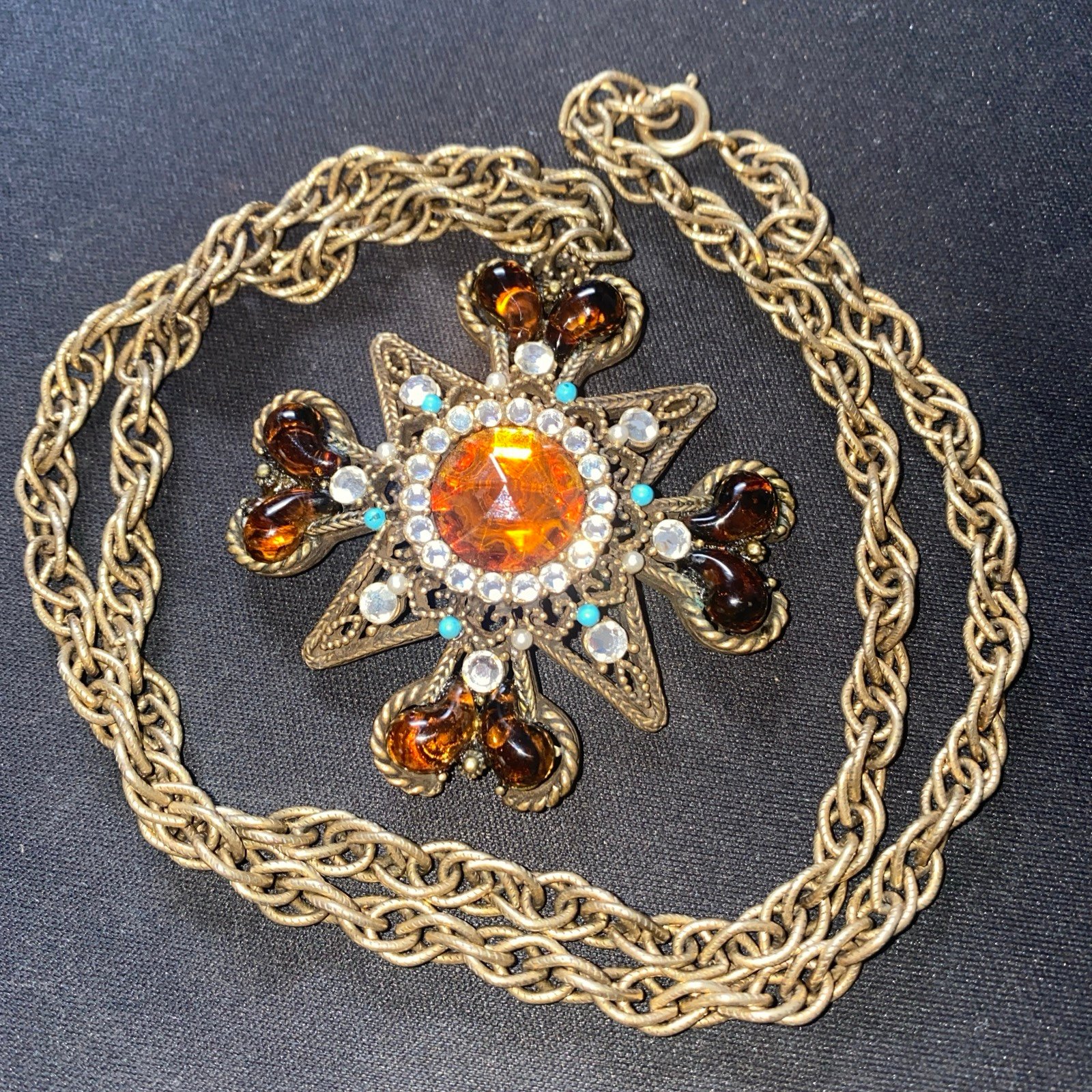 Capri Cross Rhinestones Necklace Amber Rare Filigree Vintage Signed Stones Beads