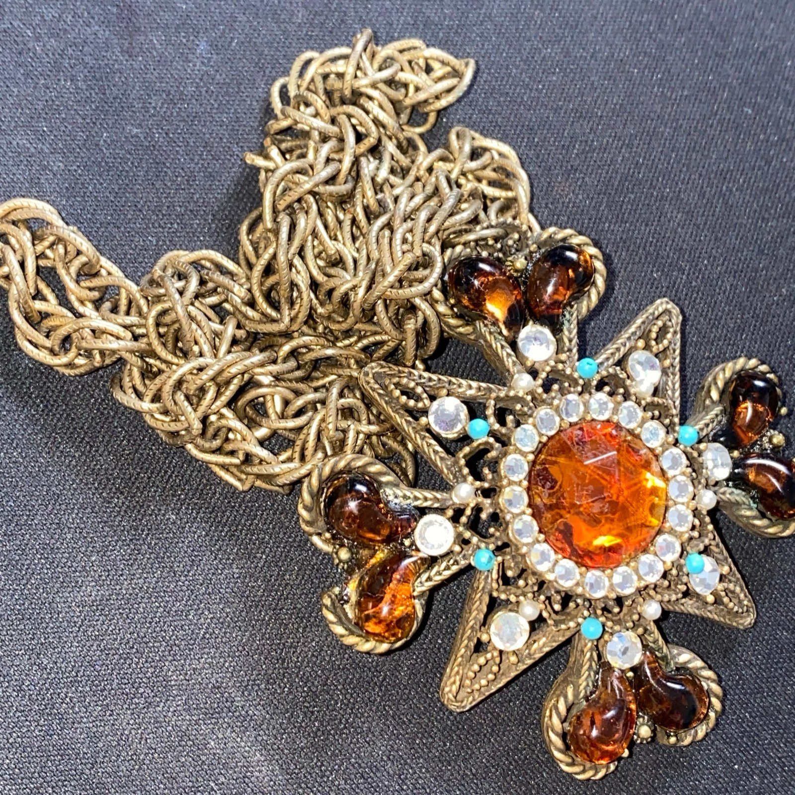 Capri Cross Rhinestones Necklace Amber Rare Filigree Vintage Signed Stones Beads