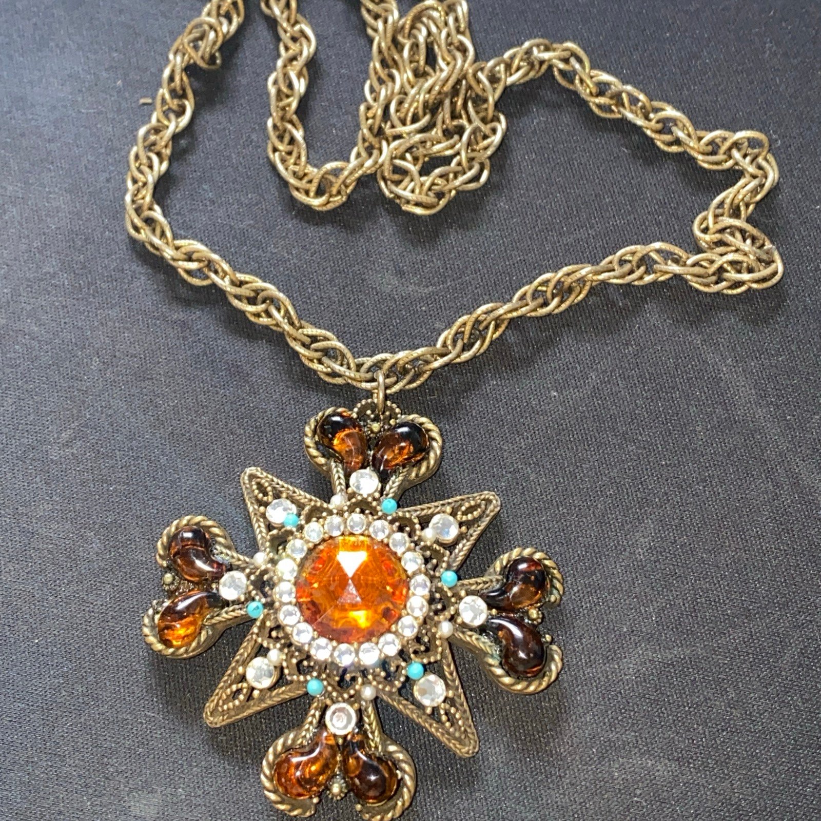 Capri Cross Rhinestones Necklace Amber Rare Filigree Vintage Signed Stones Beads