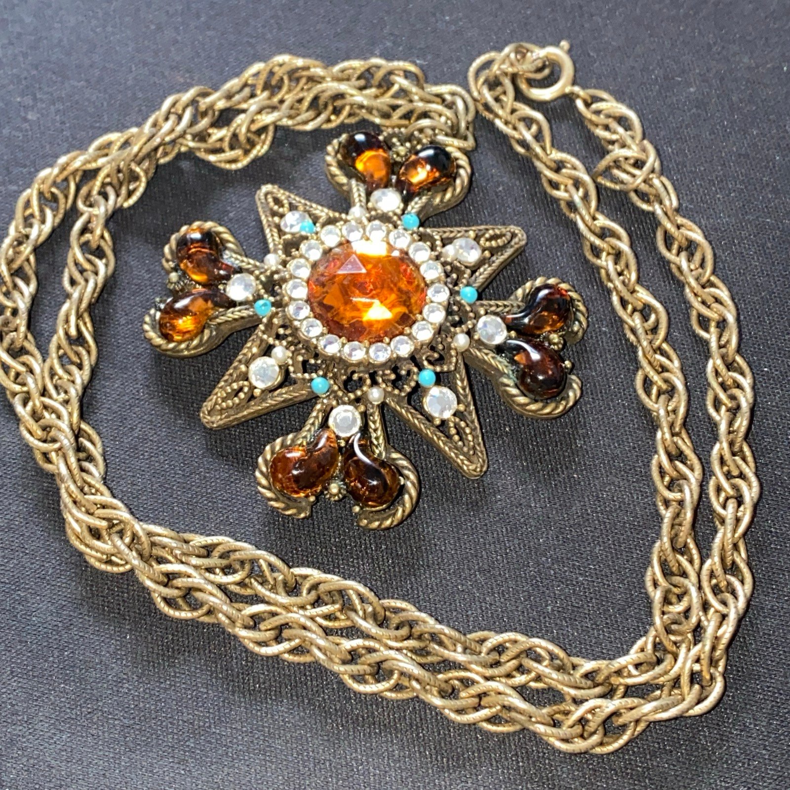 Capri Cross Rhinestones Necklace Amber Rare Filigree Vintage Signed Stones Beads