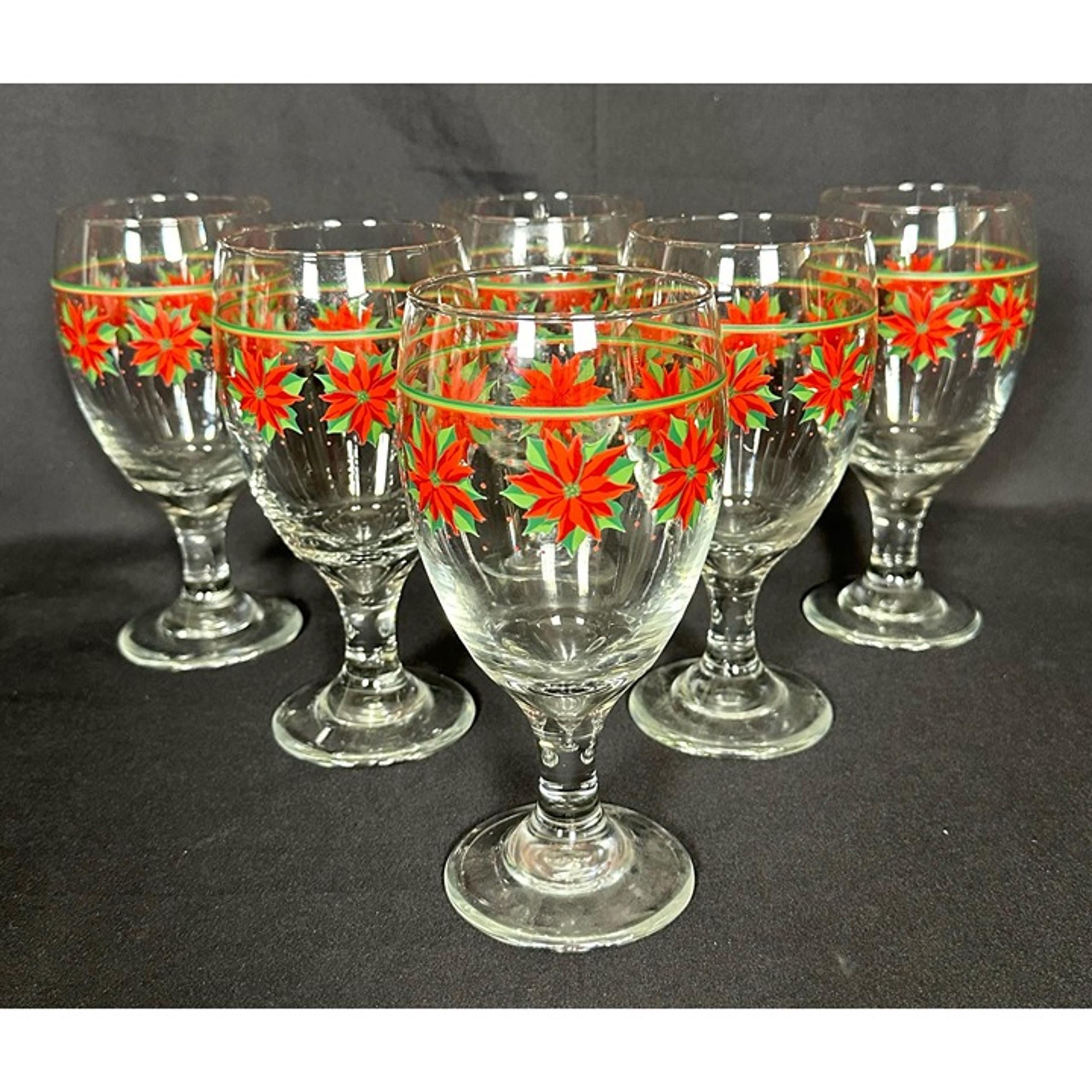 Libbey Clear Stemmed Iced Tea Water Holiday Poinsettia Goblets-Set of 6!