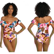 New La Blanca Floral Rhythm Swimsuit Women's 14 Off Shoulder Ruffle One Piece