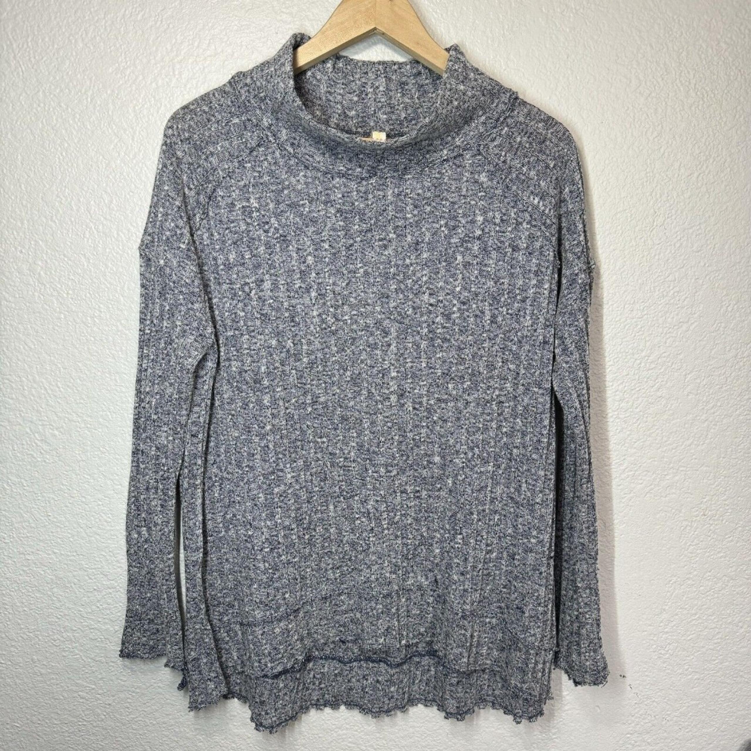 Free People Sweater Women's Large Blue White Mock Neck Distressed Relaxed Boho
