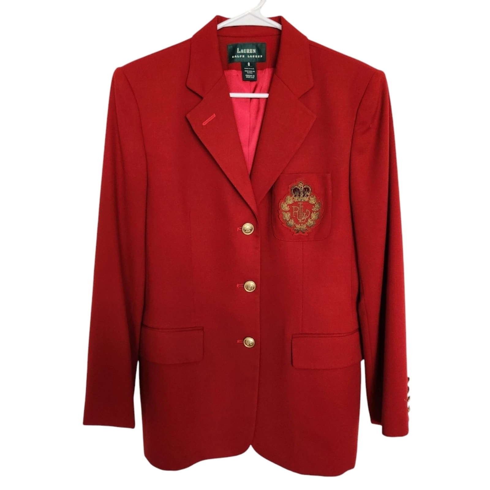 Lauren Ralph Lauren Crested Wool Blazer Red 8 Preppy 90s Old Money Ivy Classic