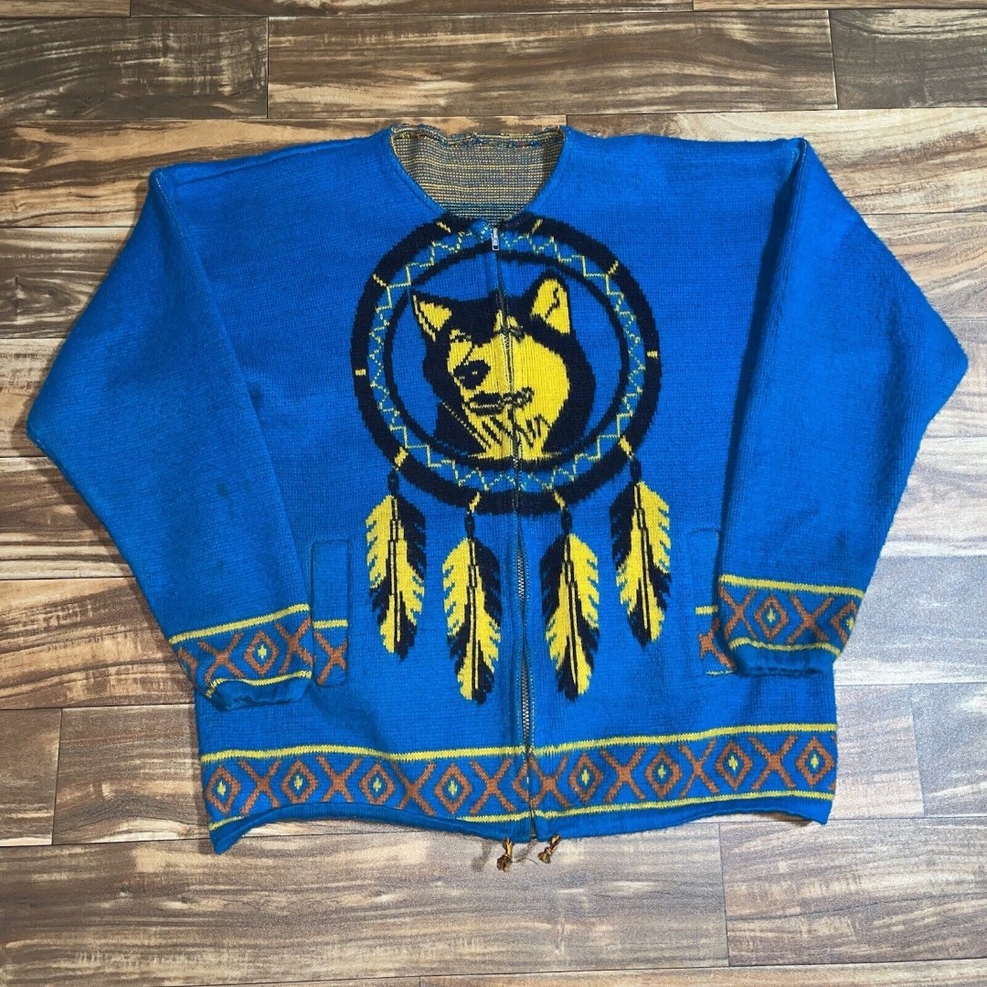 Vintage Wolf Dream Catcher Native American Wool Hoodie Sweater Size XL Rare