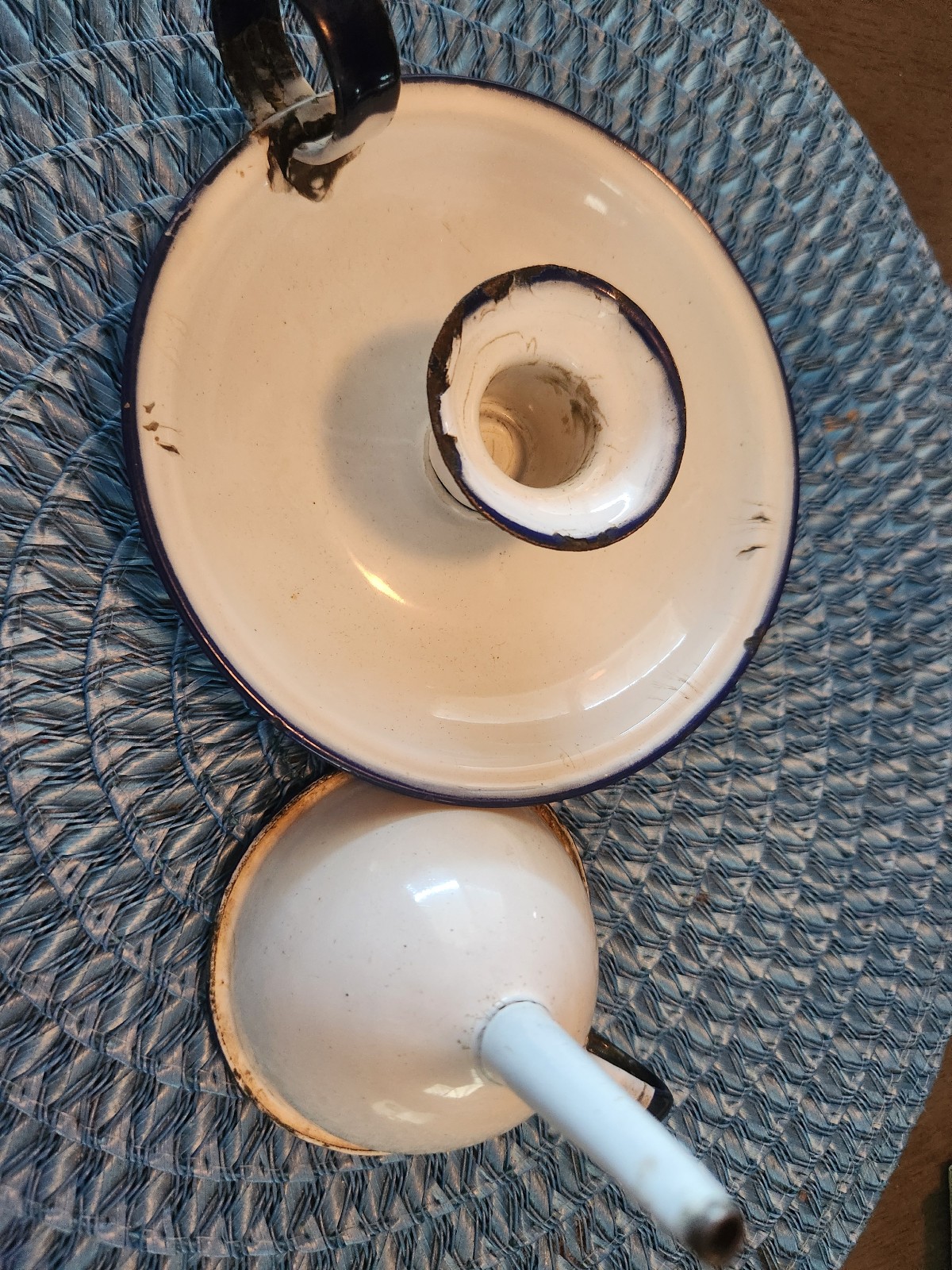 Antique enamel candle hold and funnel