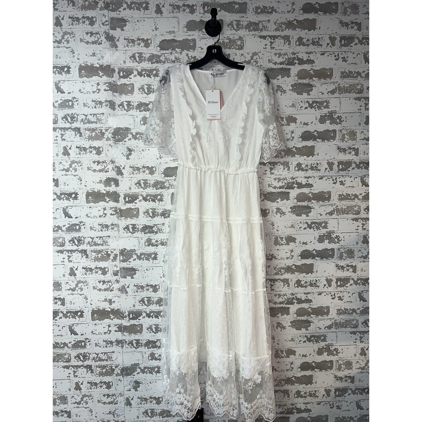 NWT! JJ's House Flower Ruffle V-Neck A-Line Lace Maxi Dress Size Large - White
