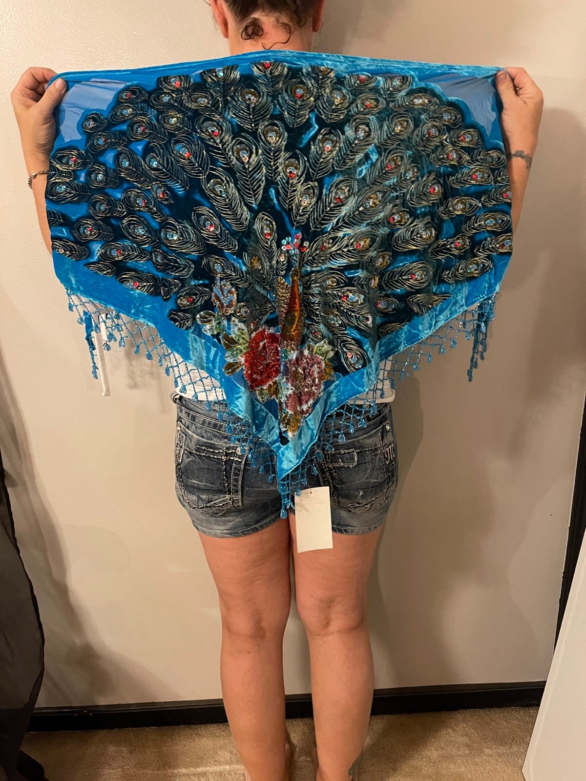 kirks folly beaded silk Peacock shawl 30x62 blue velour chiffon scarf macrame