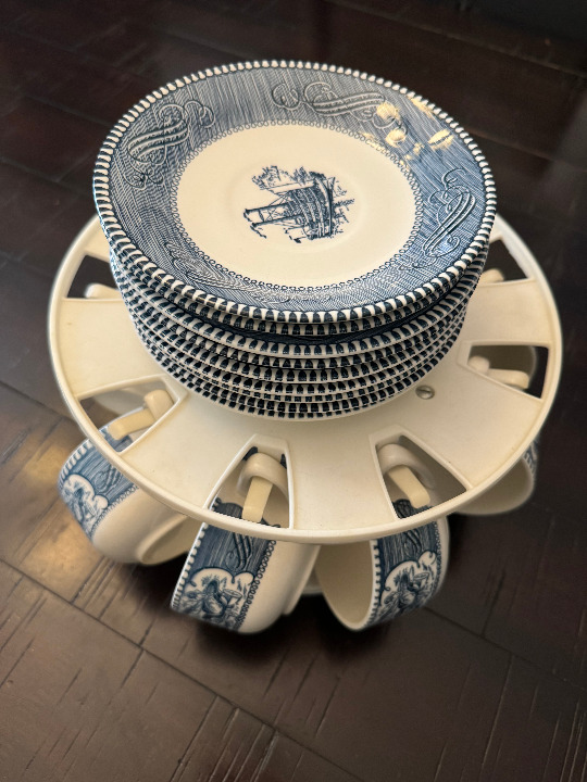 Currier and Ives Farmhouse Cups and Saucers with rotating stand