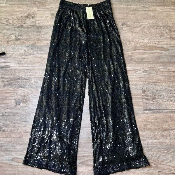 Ramy Brook Womens Black Christine Sequined Wide Leg Flare Pants Size 8 NWT