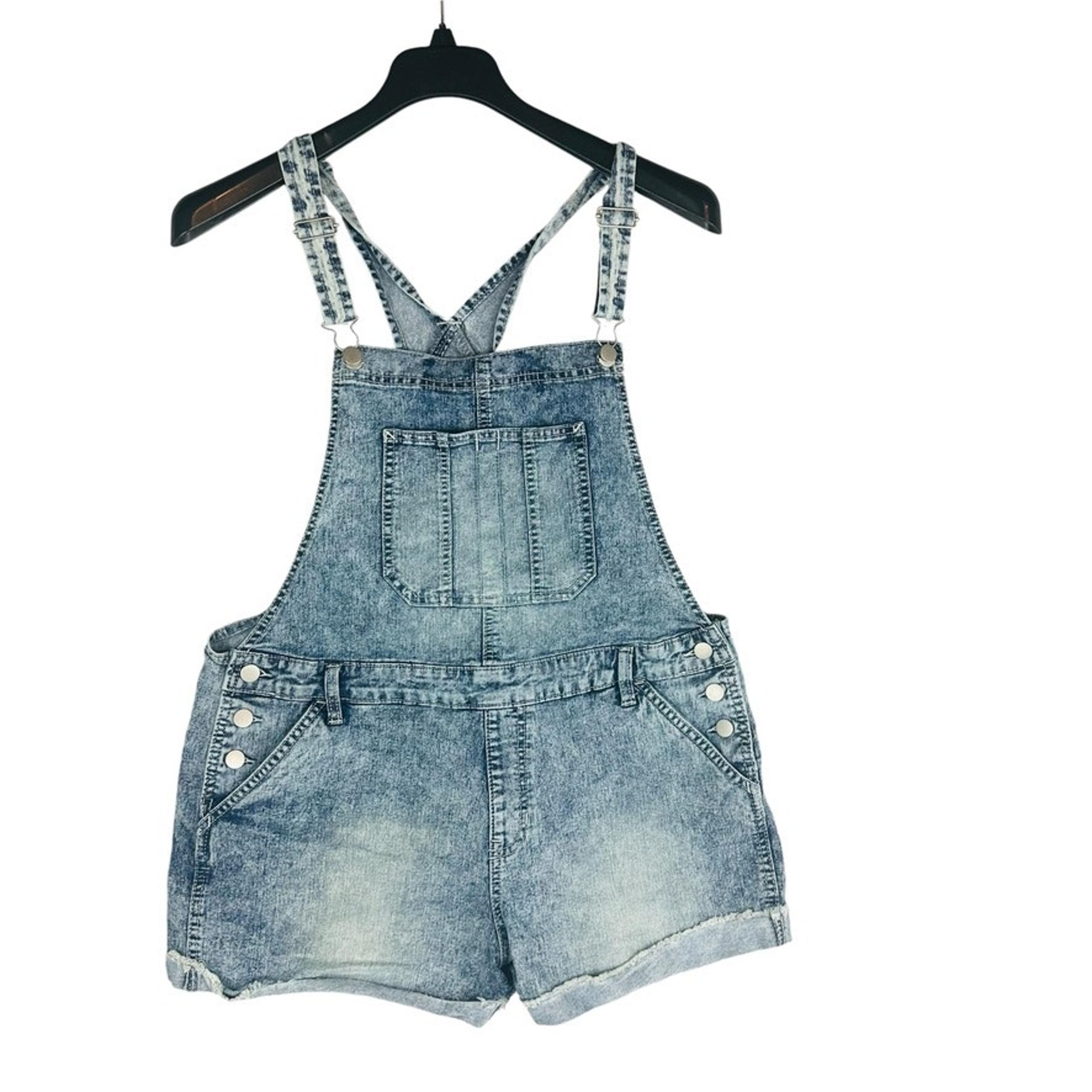 No Boundaries Juniors Sz XL 15-17 Shortalls Roll Cuff Blue Denim Jean Stretch