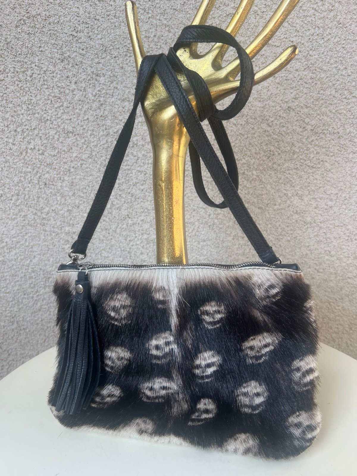 Shoulder bag clutch gothic print on fur black leather by Seam Reap. Made in USA,