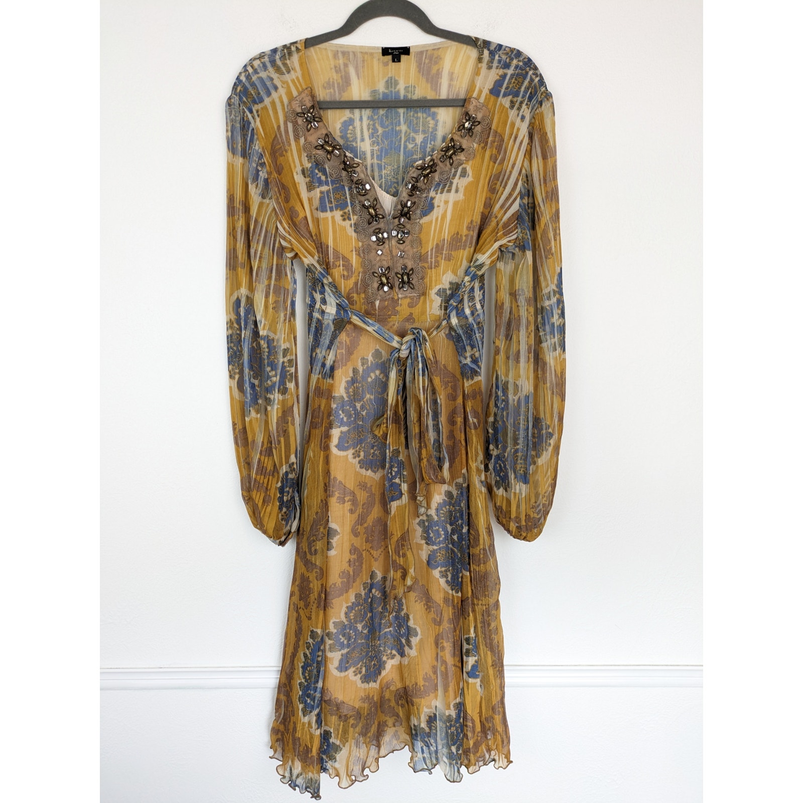 Komarov Dress Beaded Embellished Floral Midi Pleated Boho Lace Formal Size L