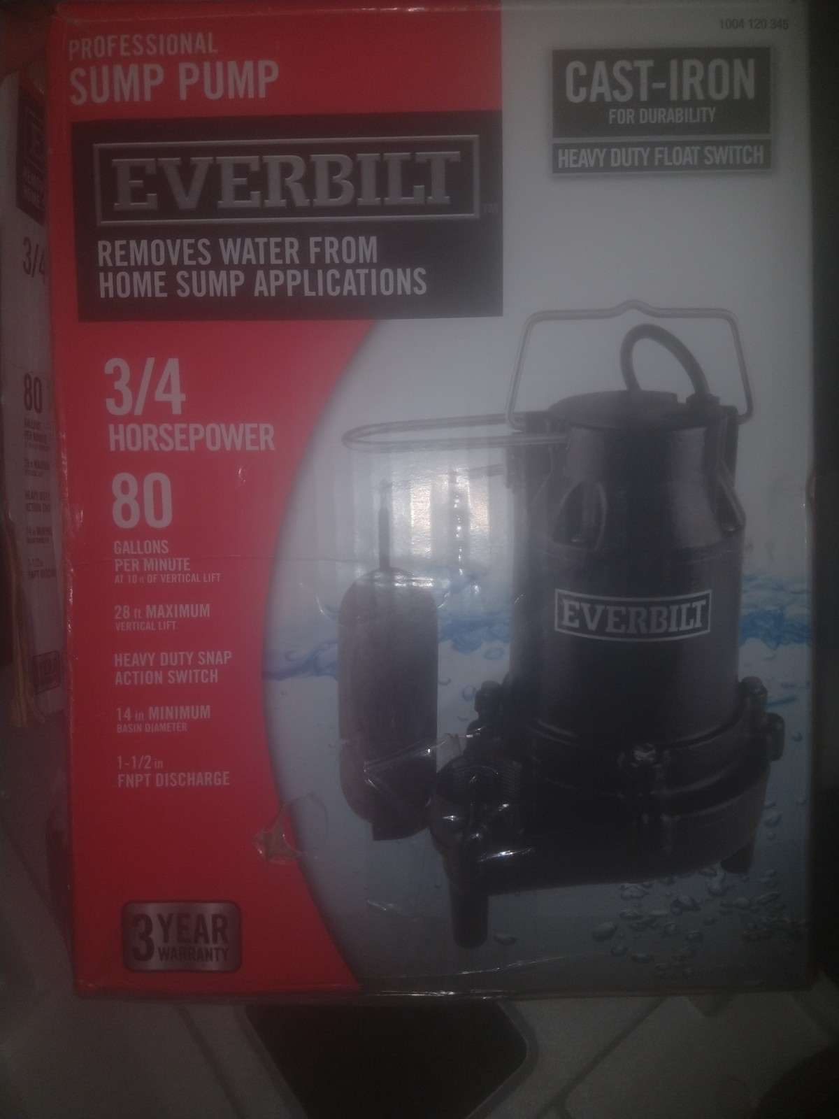 Professional Cast Iron Sump Pump Everbilt 3/4 Horsepower HDS75