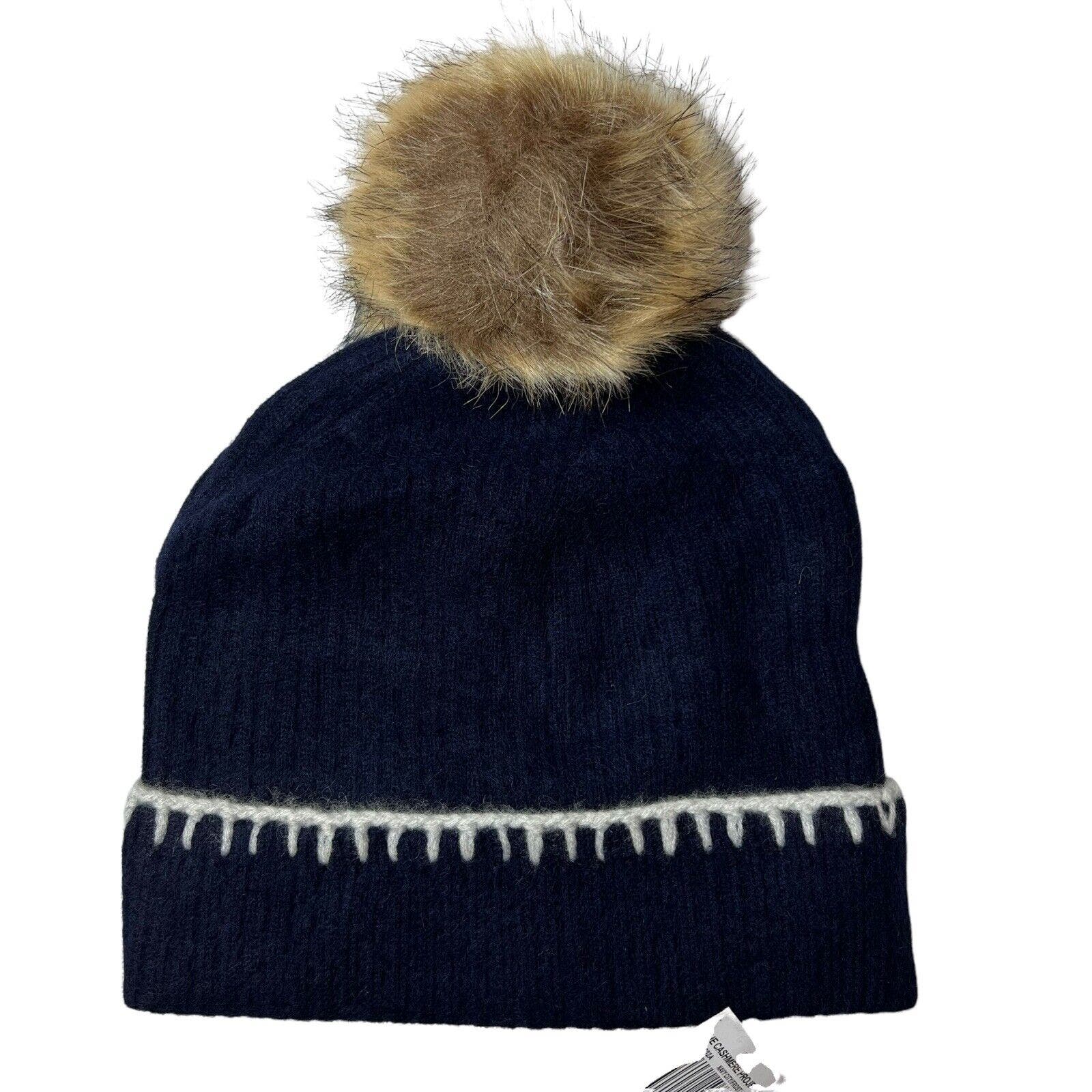 The Cashmere Project Navy Whipstich Hat Faux Fur Pom New