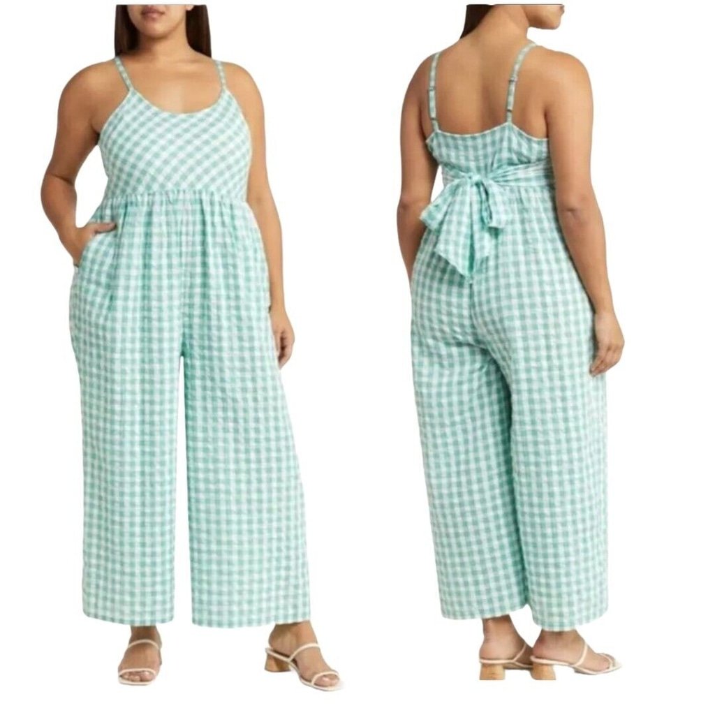 Nordstrom 100% Organic Cotton Green Gingham Tie Back Jumpsuit NWOT Plus Size 1X
