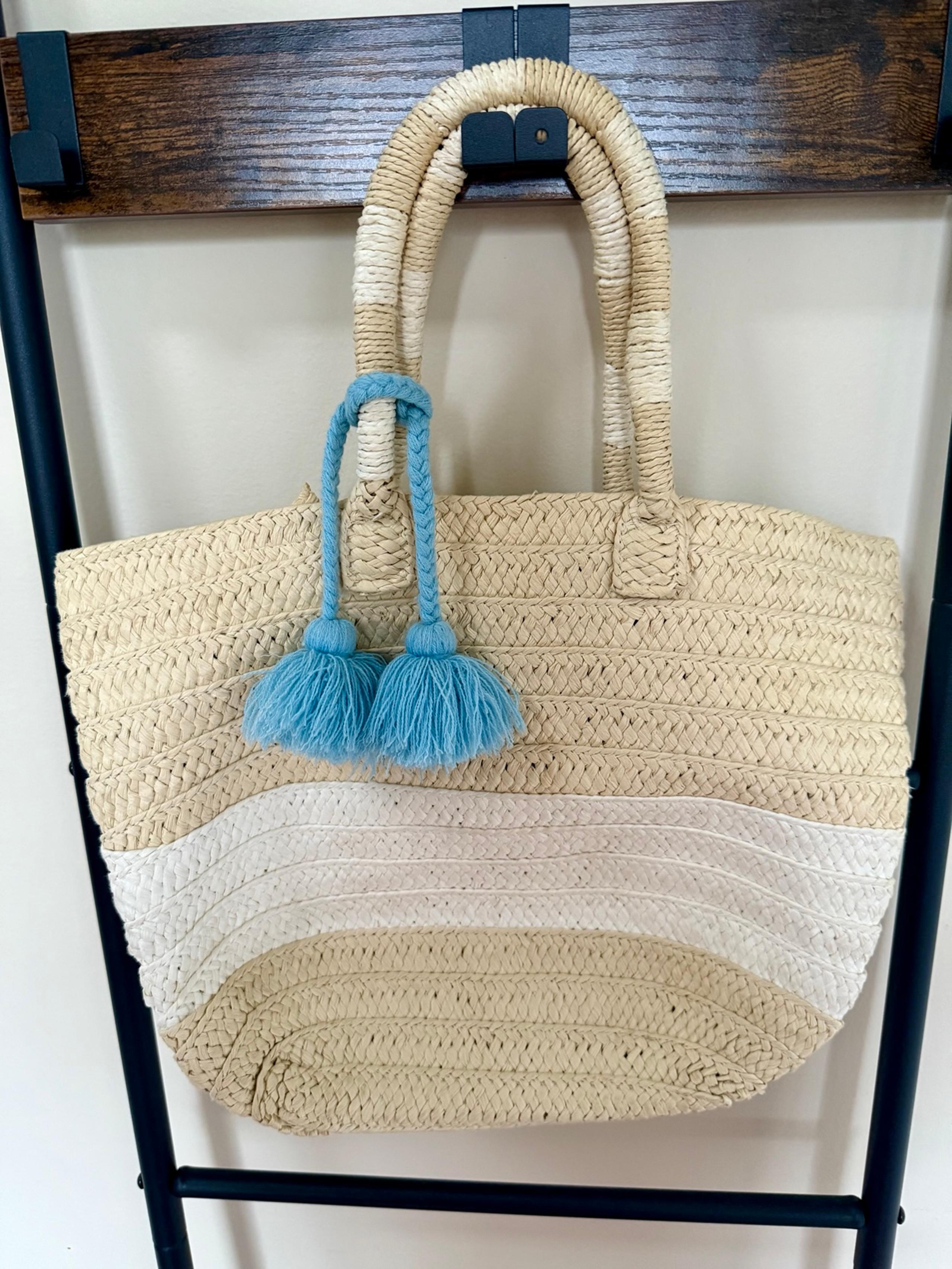 Altru Straw Tote Bag Tan & White with Blue Tassel - Medium Size Purse