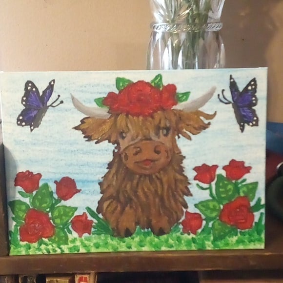 Hand Painted Highland Cow With Roses & Butterfly Painting - Size 8 1/4 X11 3/4