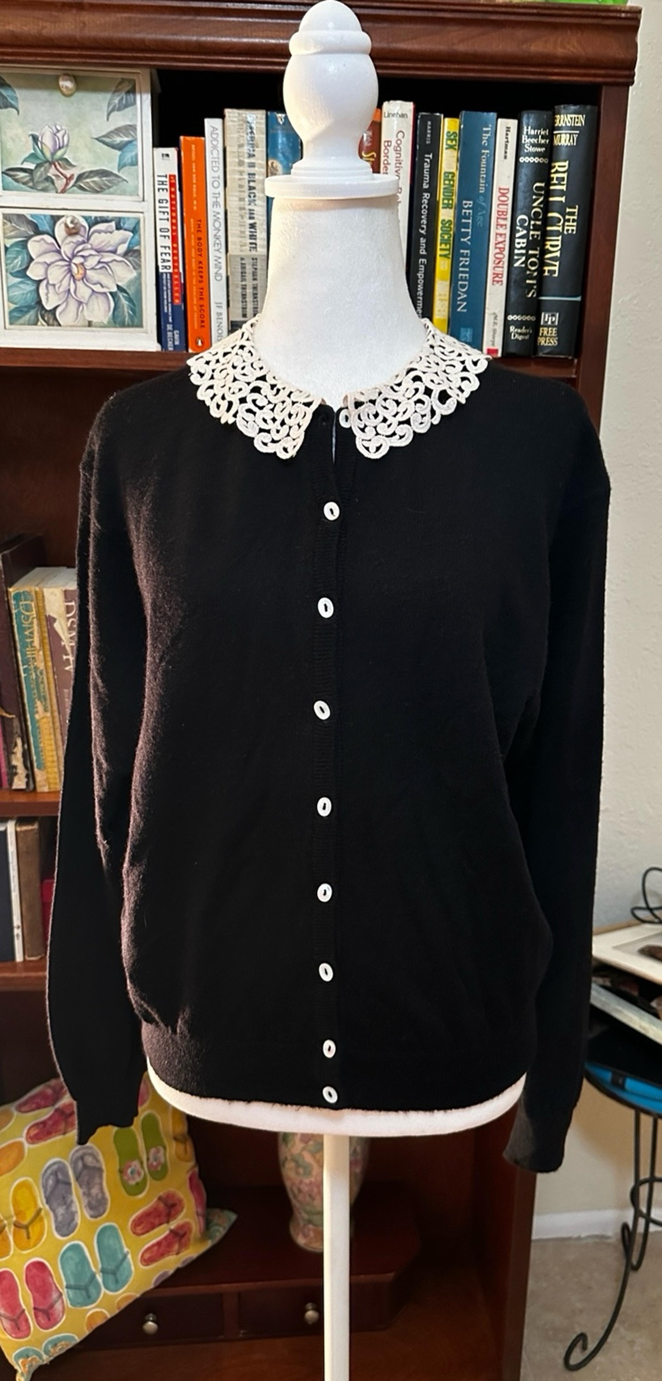 Laura Ashley Wool Cardigan Womens Size Large Black White Crochet Trim