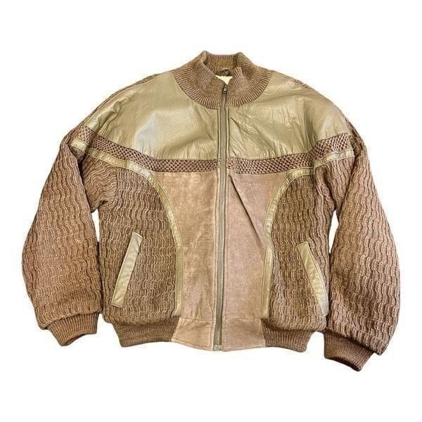 Vintage Saxony Bomber Jacket Men’s Size Medium Tan Brown Leather & Knit