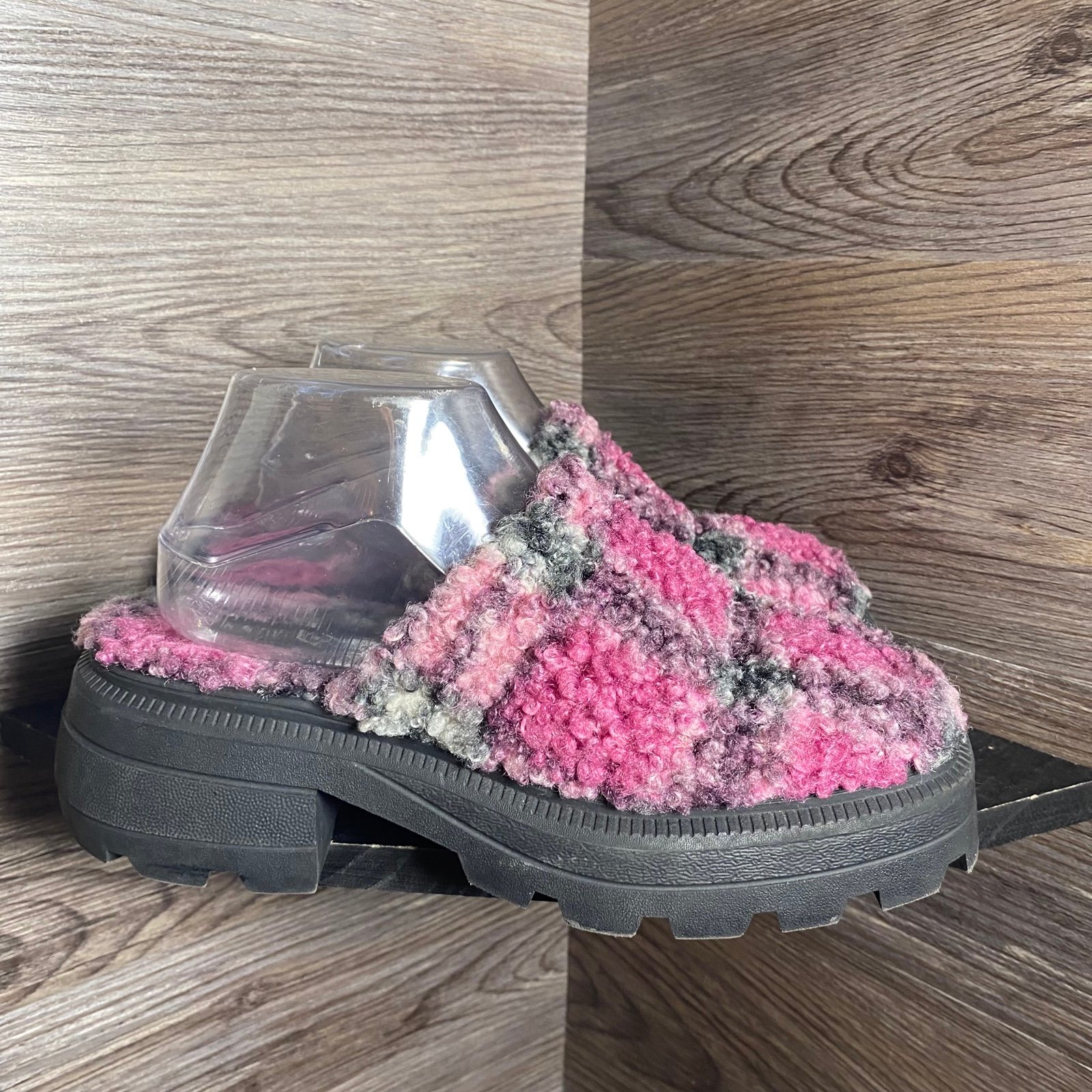 Katy perry collection high mules purple black plaid sherpa
