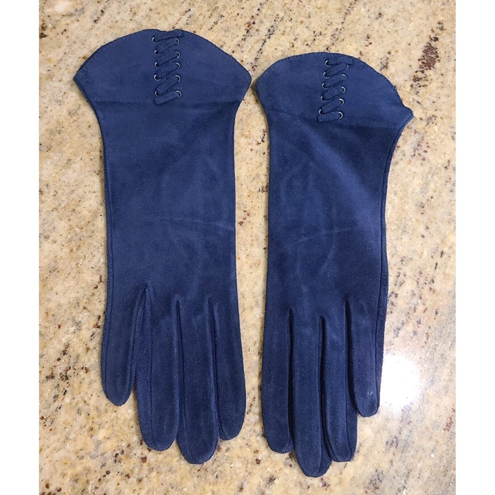 New? Vintage Size S 6 3/4 Blue Suede Formal 11 Long Gloves Lace up France
