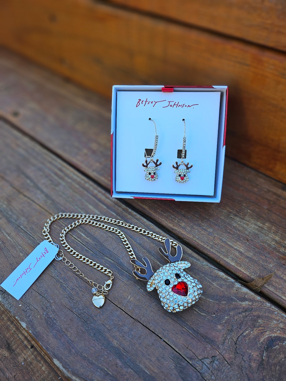 New - Betsey Johnson Reindeer Necklace & Earrings Set