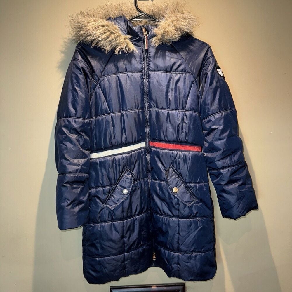 Tommy Hilfiger Navy Blue Faux Fur Hooded Parka Coat Jacket Girls Size X-Large 16