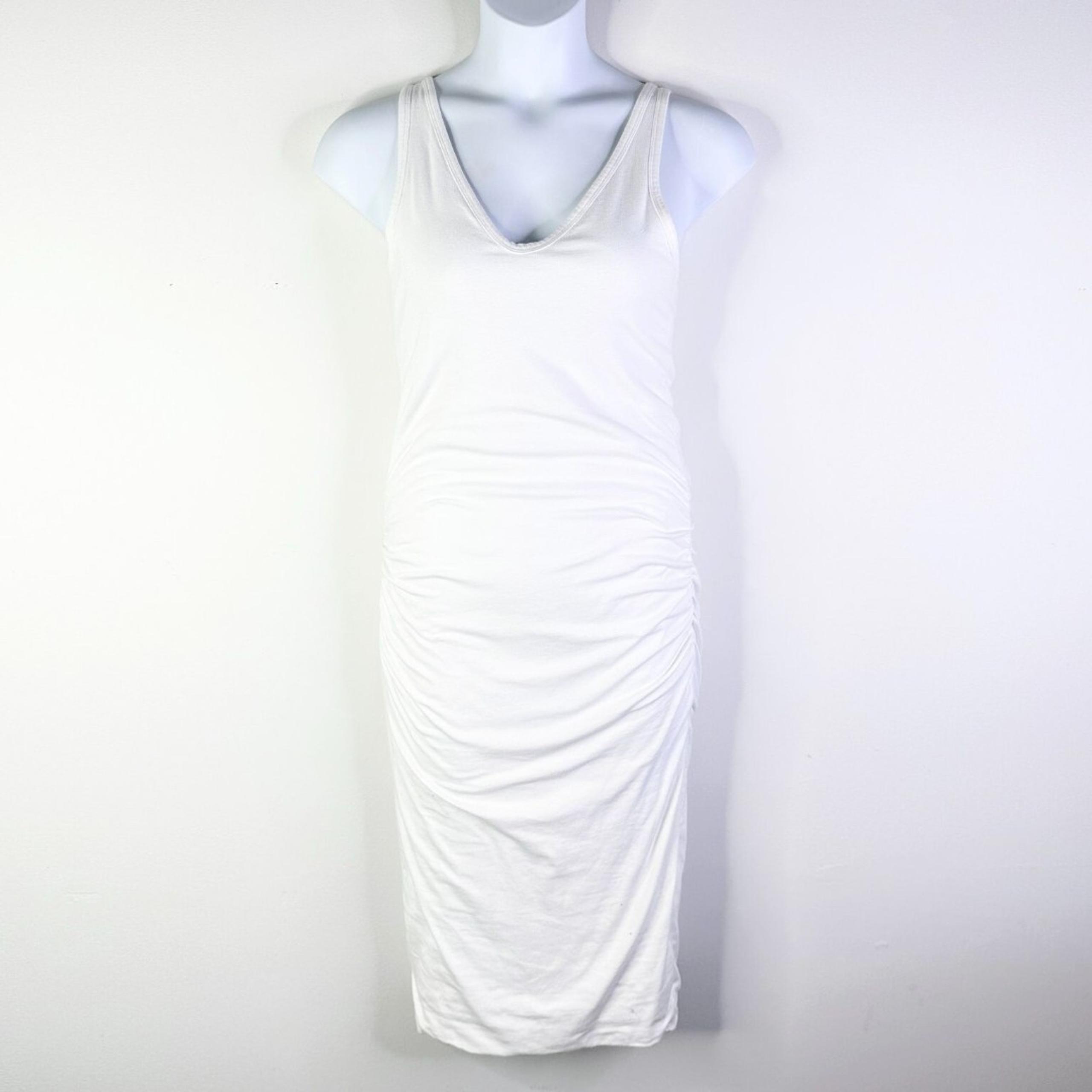 James Perse Dress Women 4 - XL White Ruched Midi Cotton Deep V-neck Bodycon NWT
