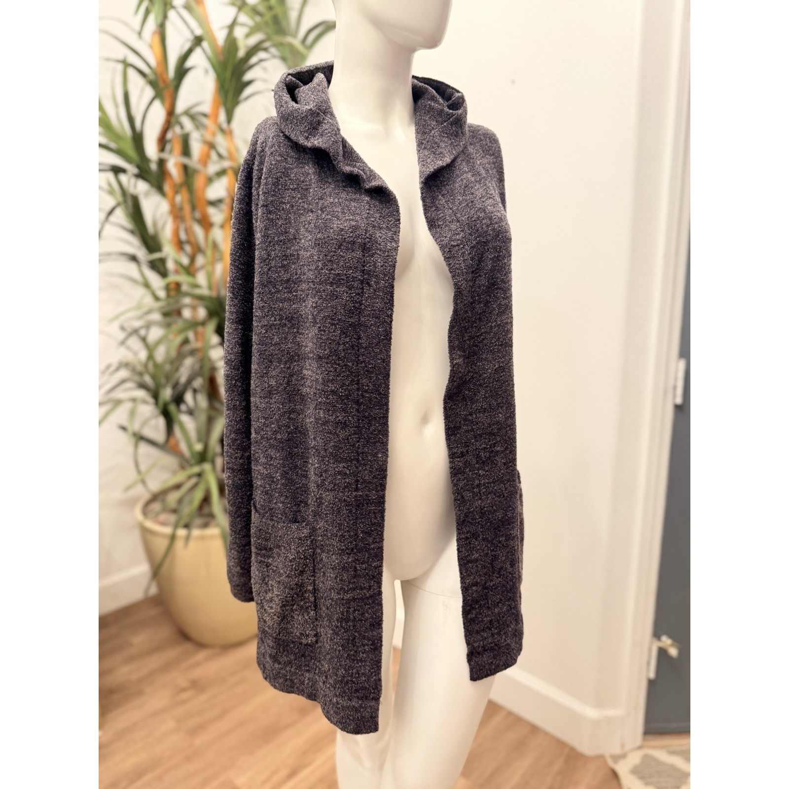 Barefoot Dreams Cozy Chic Lite Cardigan Sweater Sz L Open Front Hooded Gray Midi