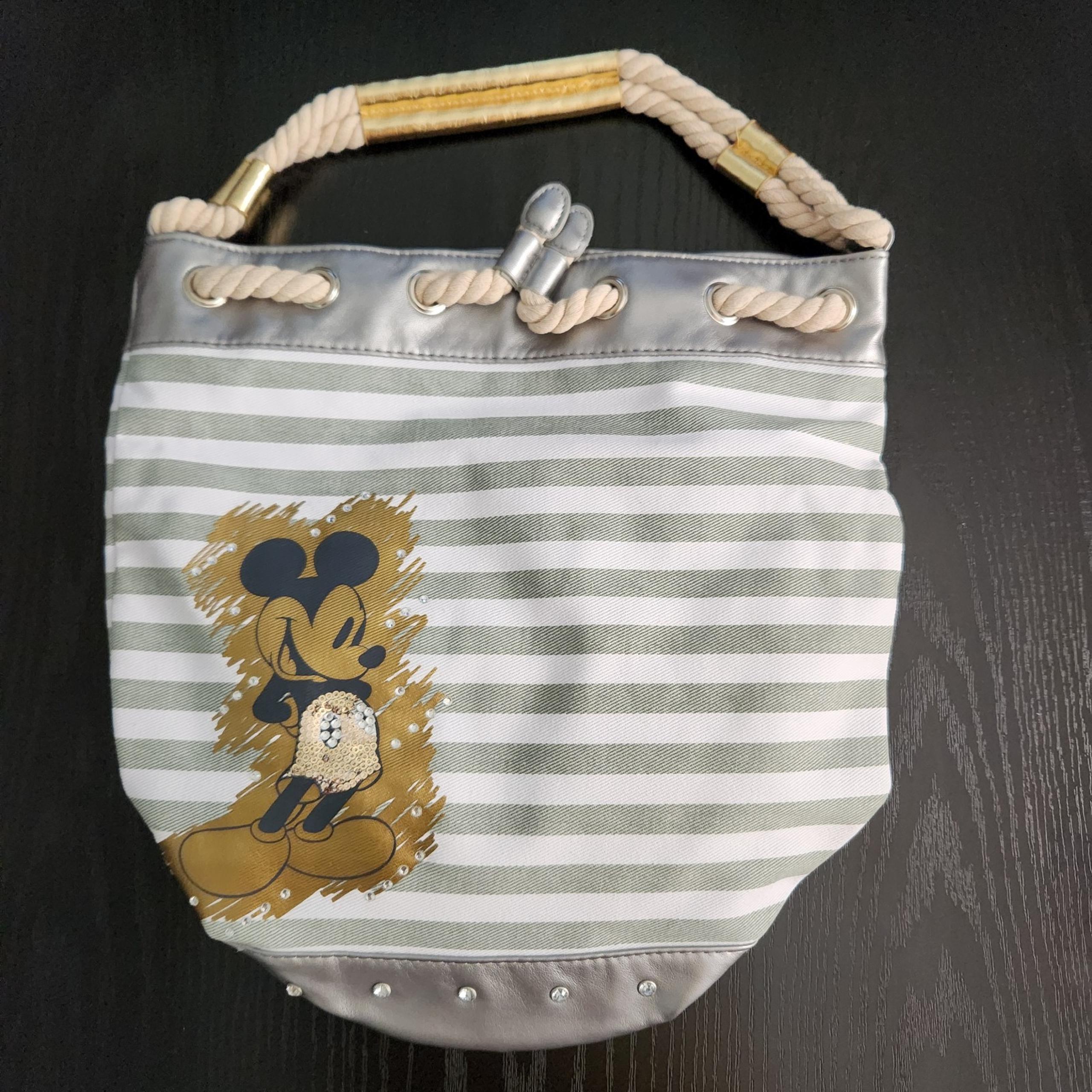 NWOT Disney Mickey Mouse Embellished Bucket Bag Rope Handle Open Top