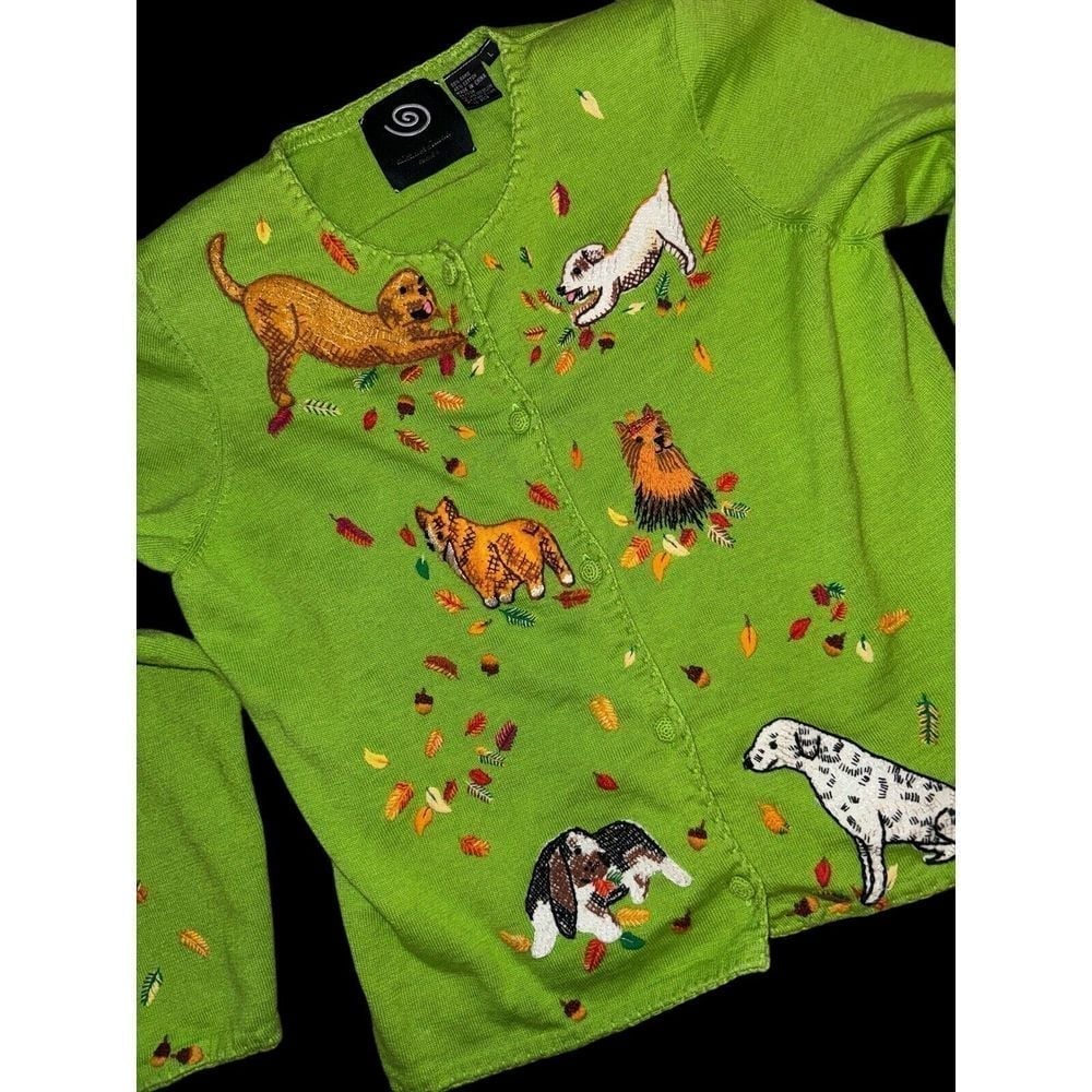 Michael Simon L Green Puppy Love Playful Leaves Fall Autumn Sweater Cardigan