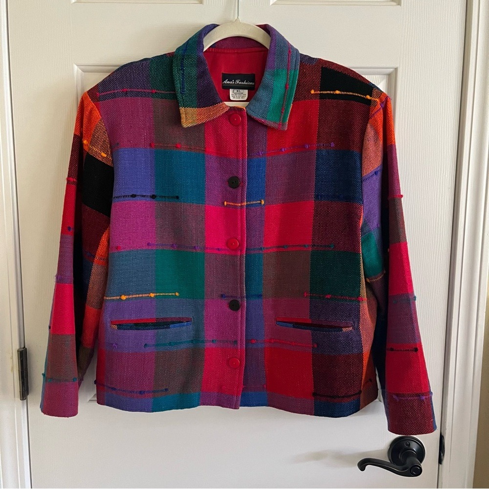Vintage Vibrant Plaid Jacket Women's Size XL 3D Textured Pink Teal Preppy Aztec
