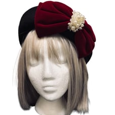 French Style Black Beret with Red Bow Pearl Ribbon Bow NWOT
