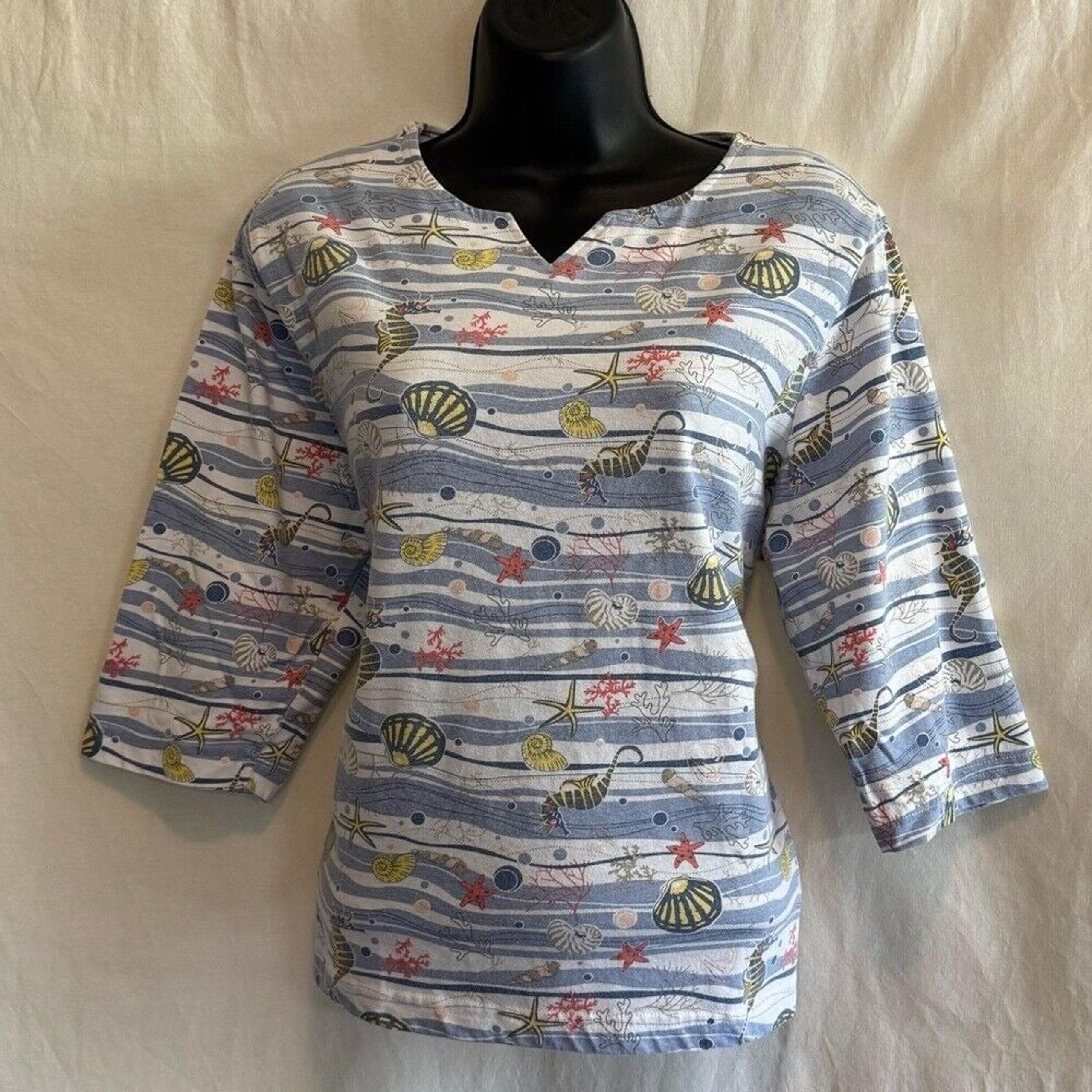 E-93 BonWorth Blue & White 1/2 Sleeve Pullover Blouse Size SP