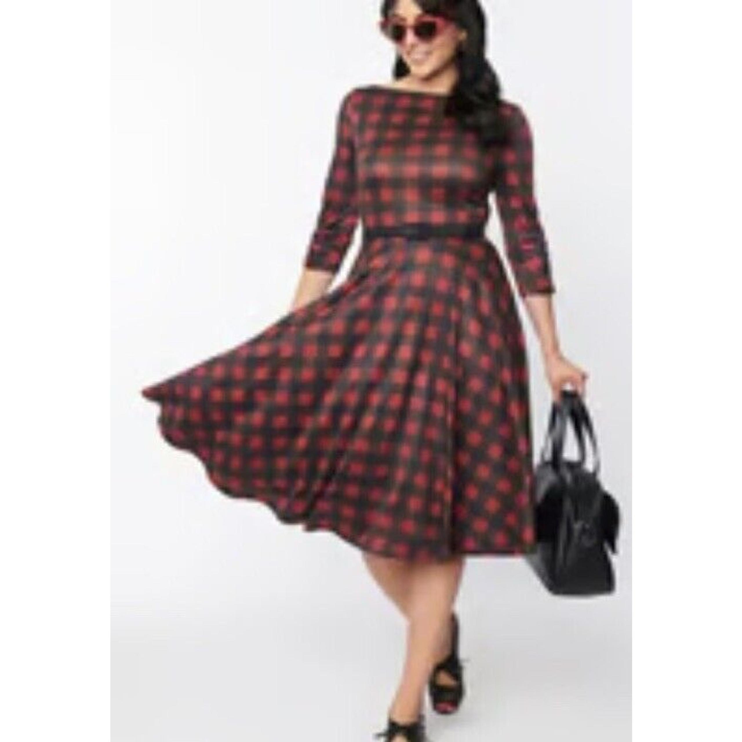 Unique Vintage Black Red Plaid Devon Swing Dress Nwt M 6-8 Women’s MIDI