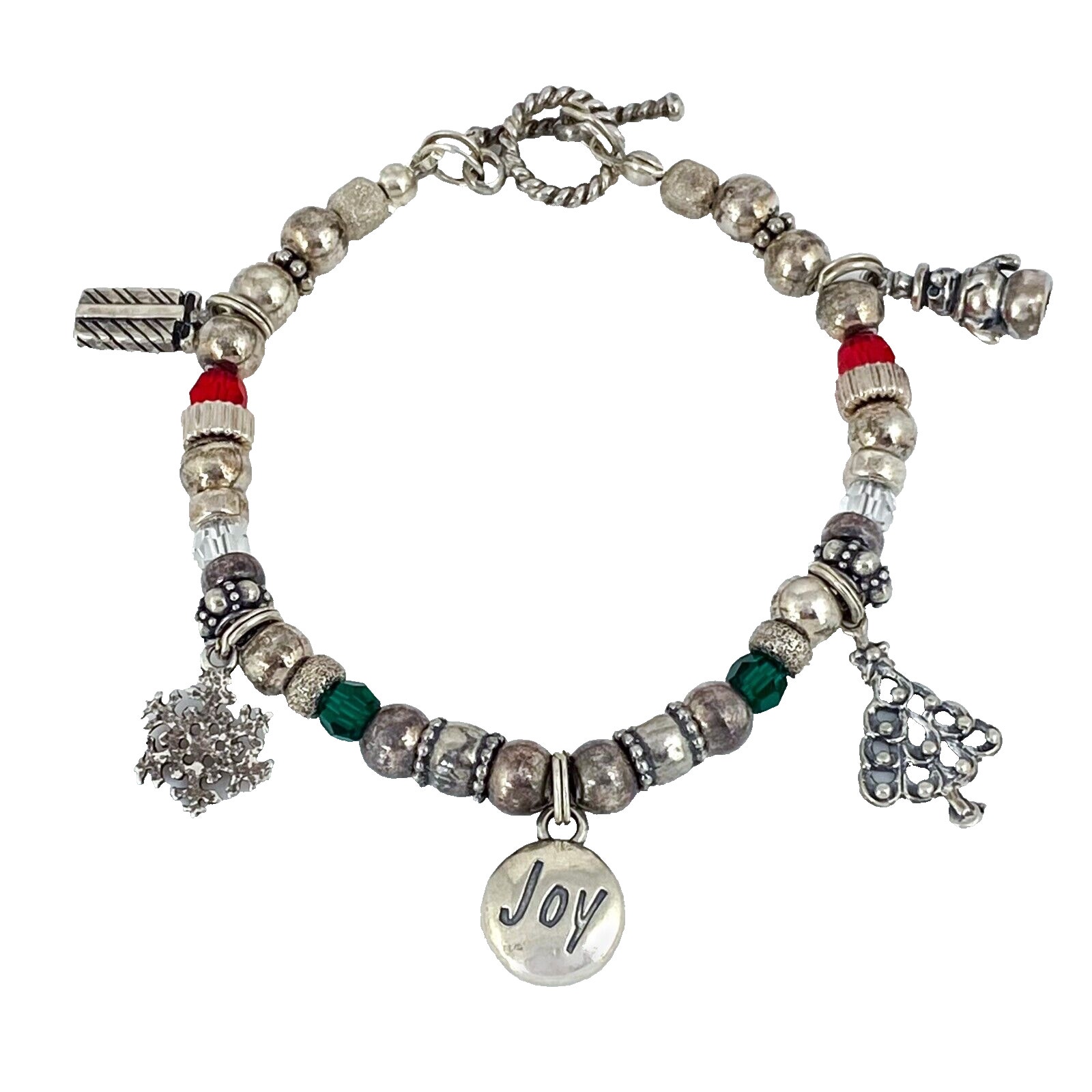 Vintage Sterling Silver 925 Christmas Holiday Red Green Charm Bracelet 6.75