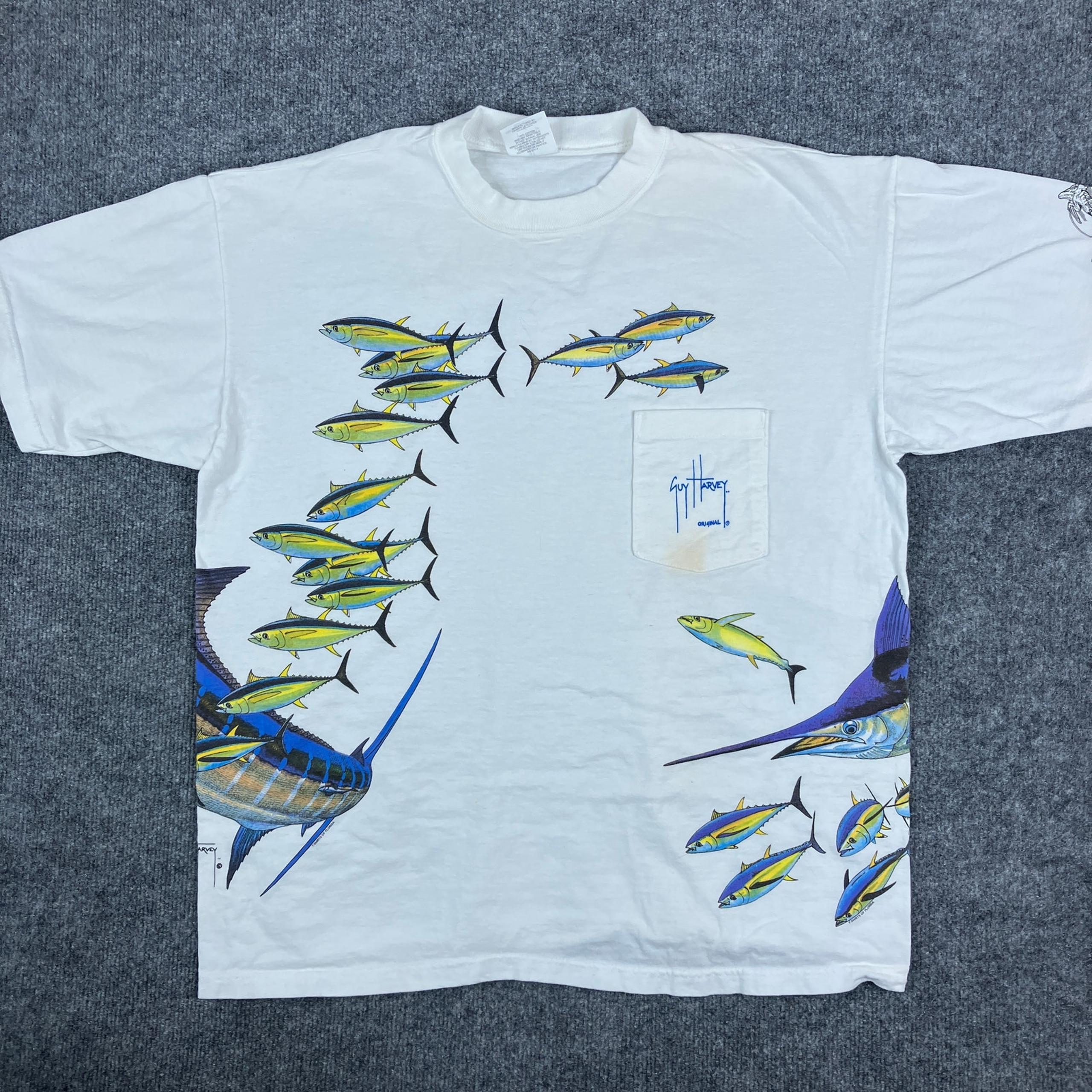 Guy Harvey T-Shirt Mens XL White Fish Graphic Pocket Tee USA Vintage Fishing