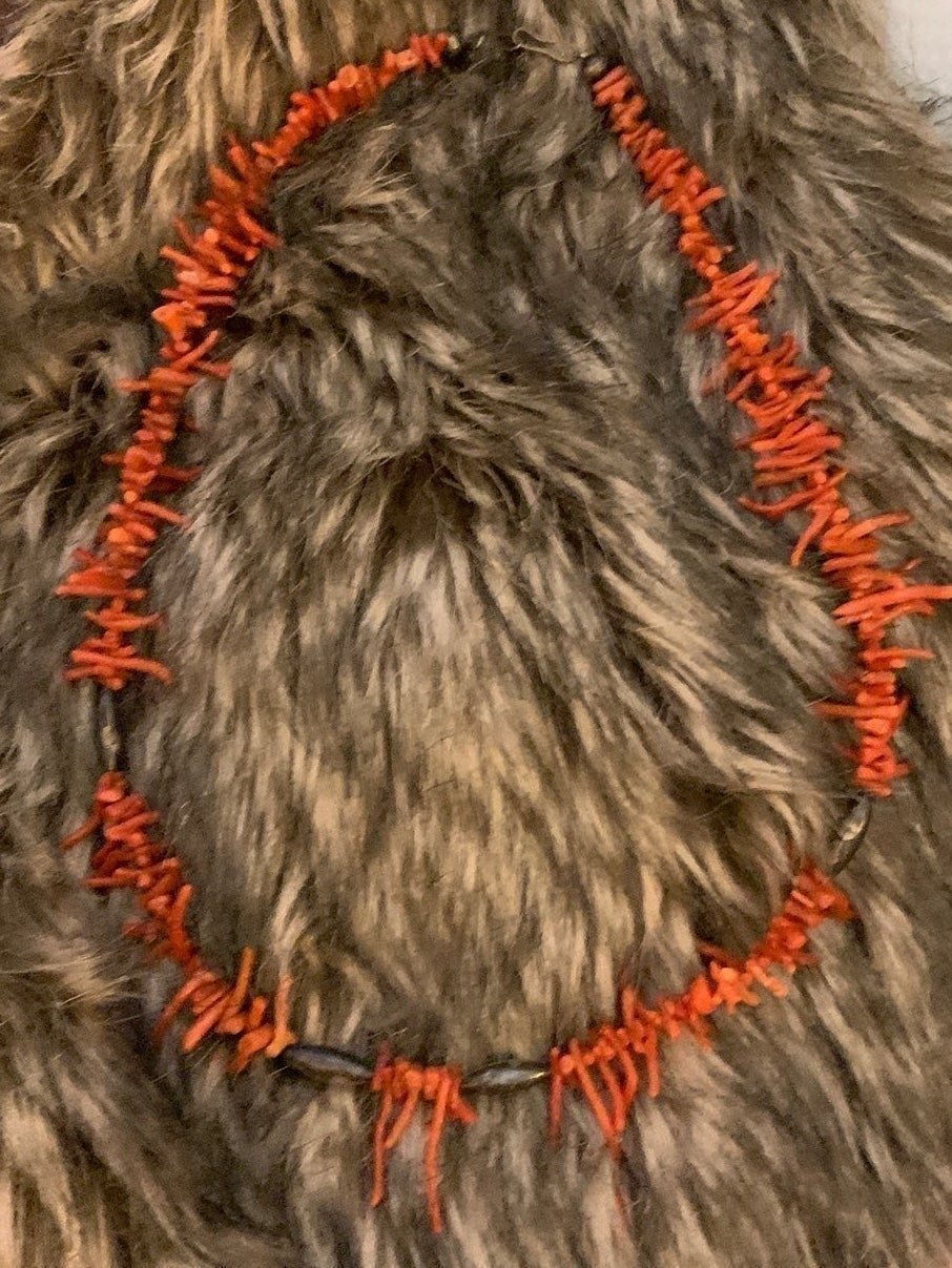 Native- Branch Orange Coral W/Silver Tubular Beads Necklace