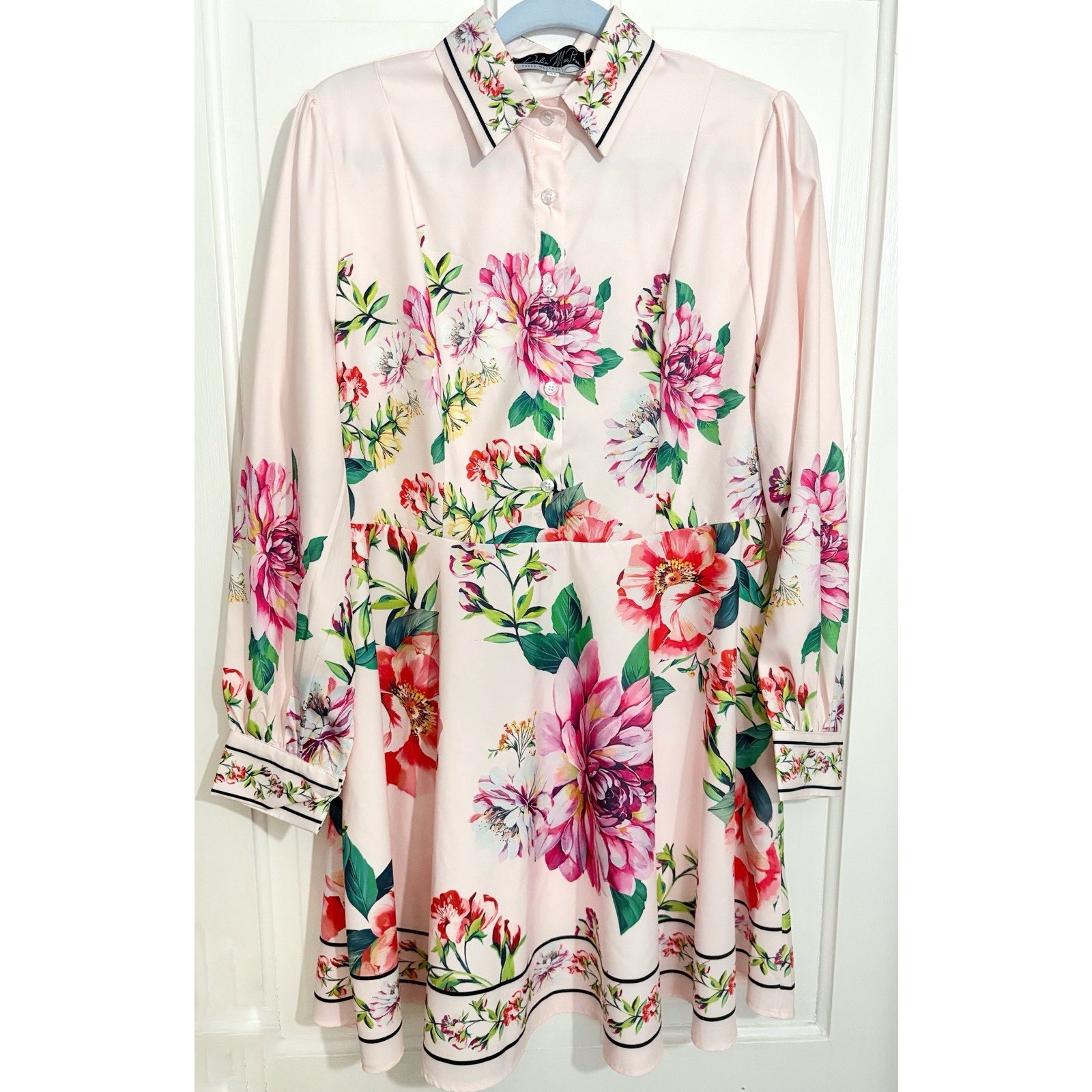 DALIA MACPHEE Floral Belted A-Line Shirt Dress XL Pink Multi Collared Long Sleev