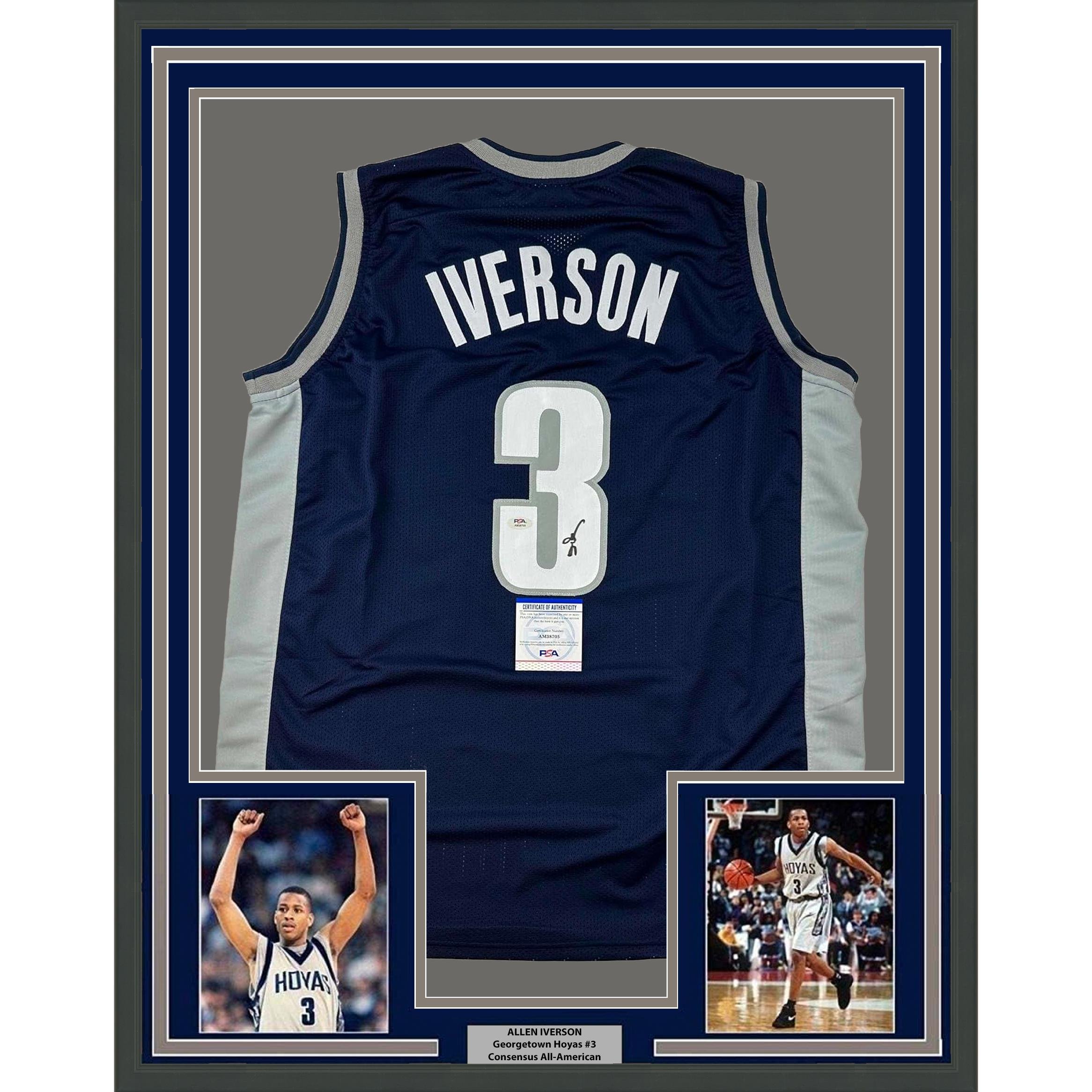 Framed Autographed/Signed Allen Iverson 35x39 Georgetown Blue Jersey JSA COA