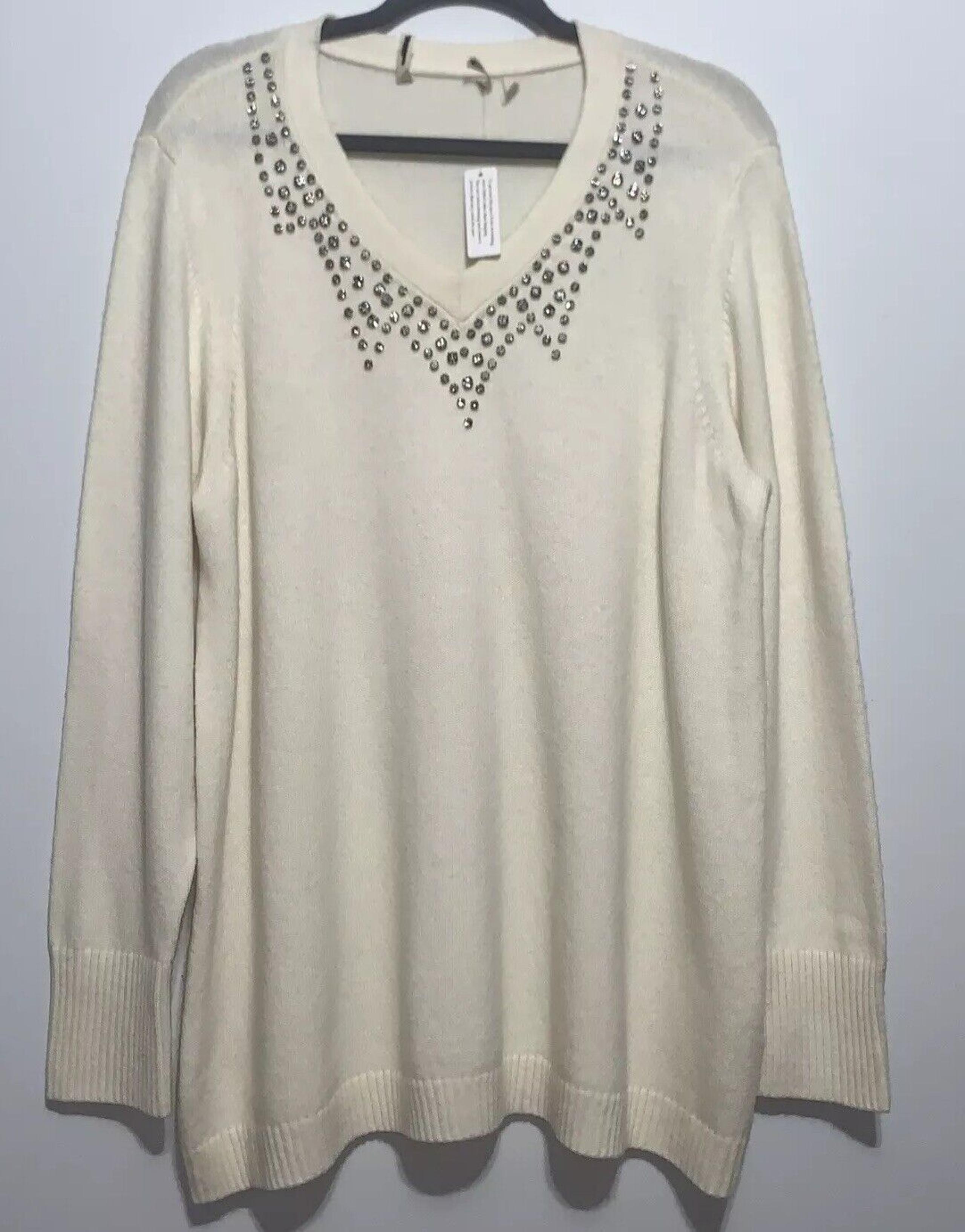Soft Surroundings Pullover Sweater Ivory Cream Rhinestone V-neck Wool Blend XL
