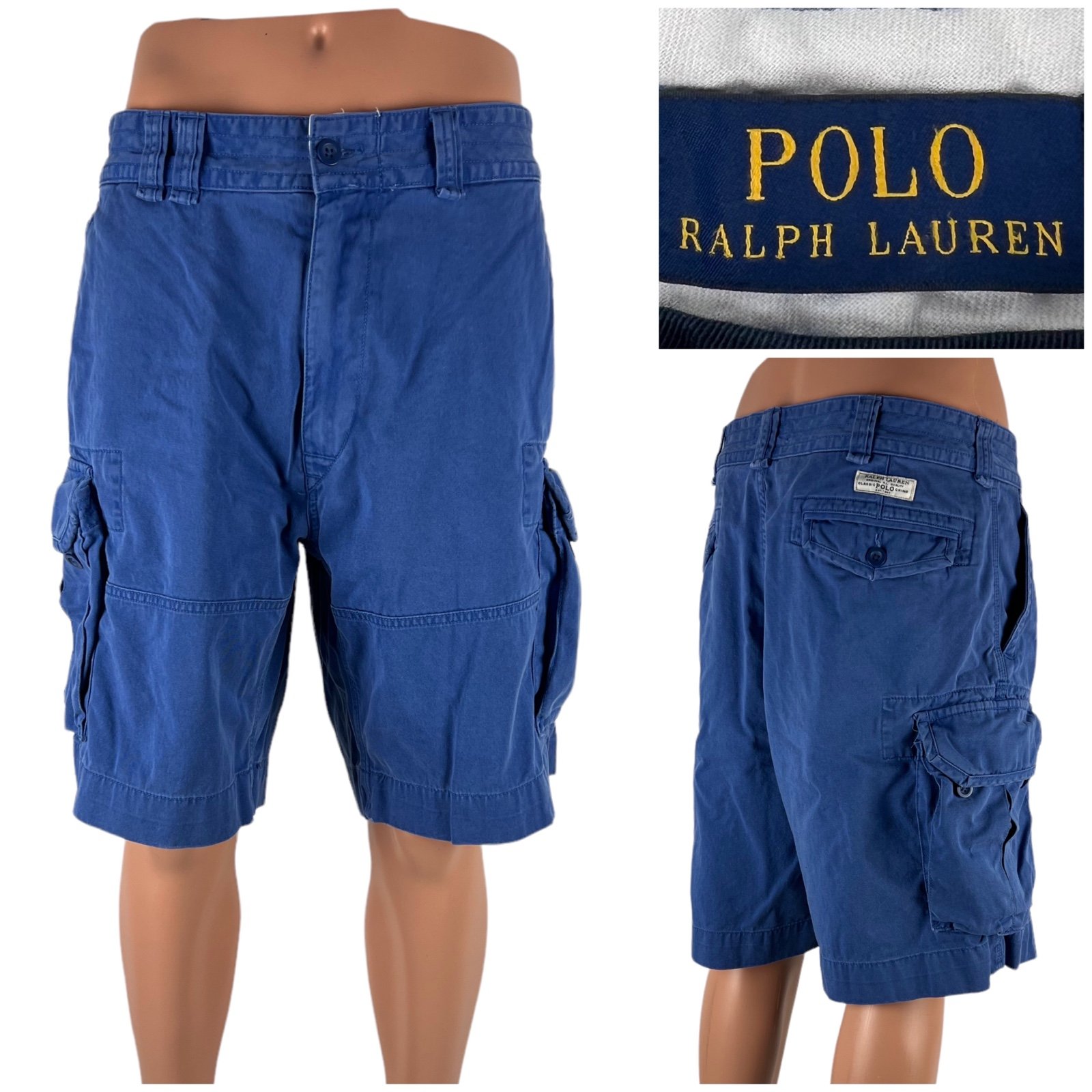 Polo Ralph Lauren Mens 37 (actual) Cargo Shorts Faded Finish Distressed Blue EUC