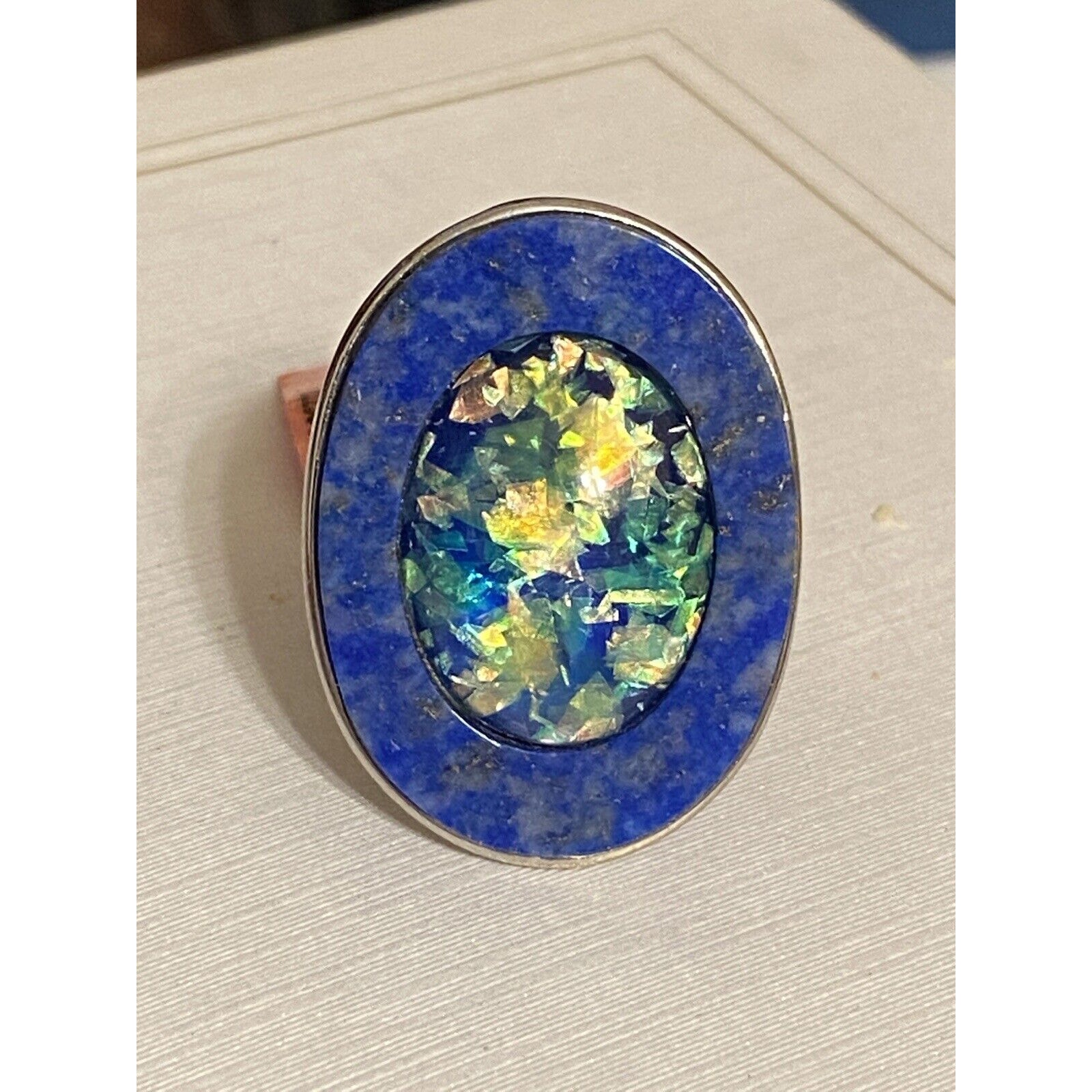 316L Stainless Steel Huge Lapis Opal Statement Ring NWT Size 7.5 Wide Band