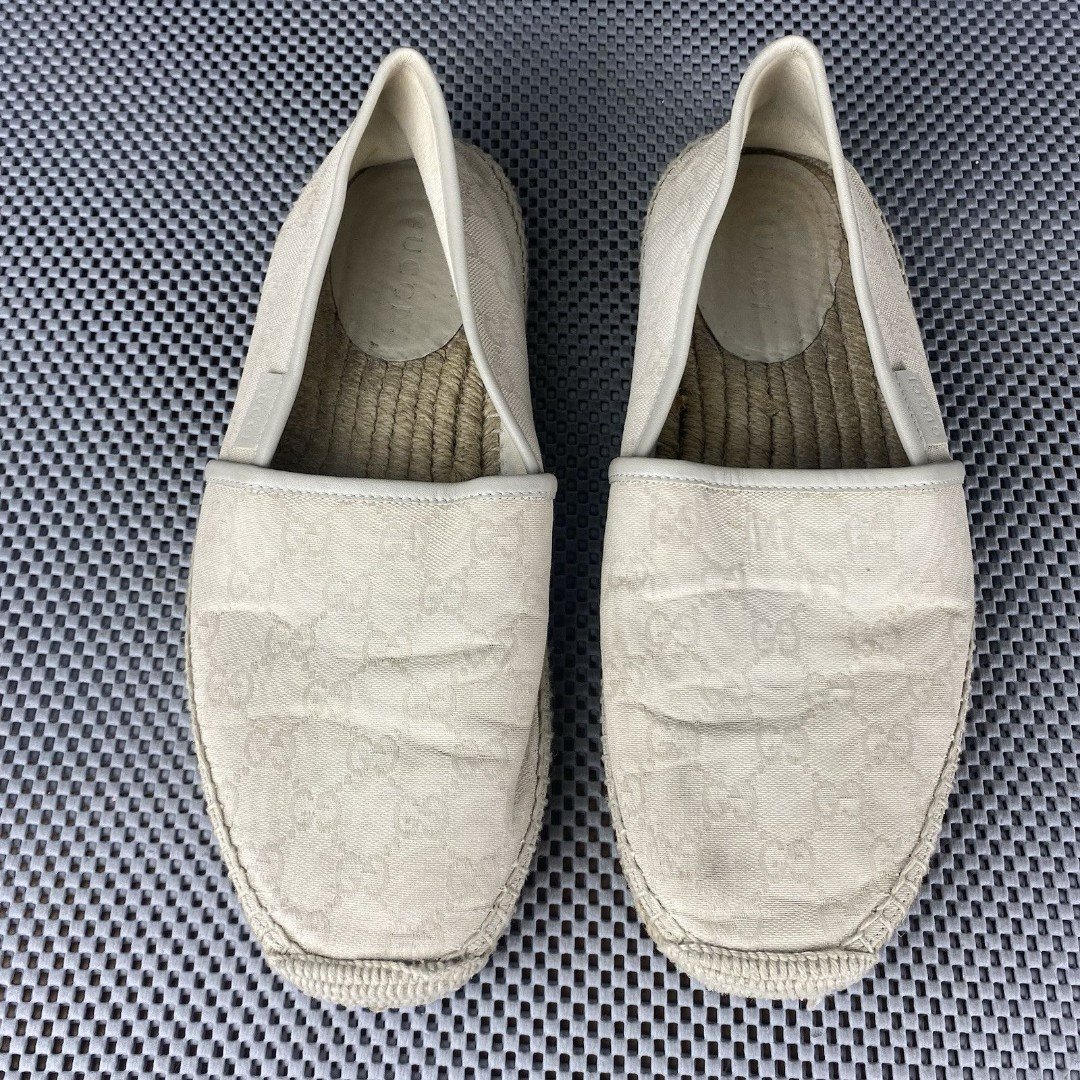 Gucci Espadrille Slip On Shoes Mens 8.5 Beige GG Monogram Logo Made In Spain