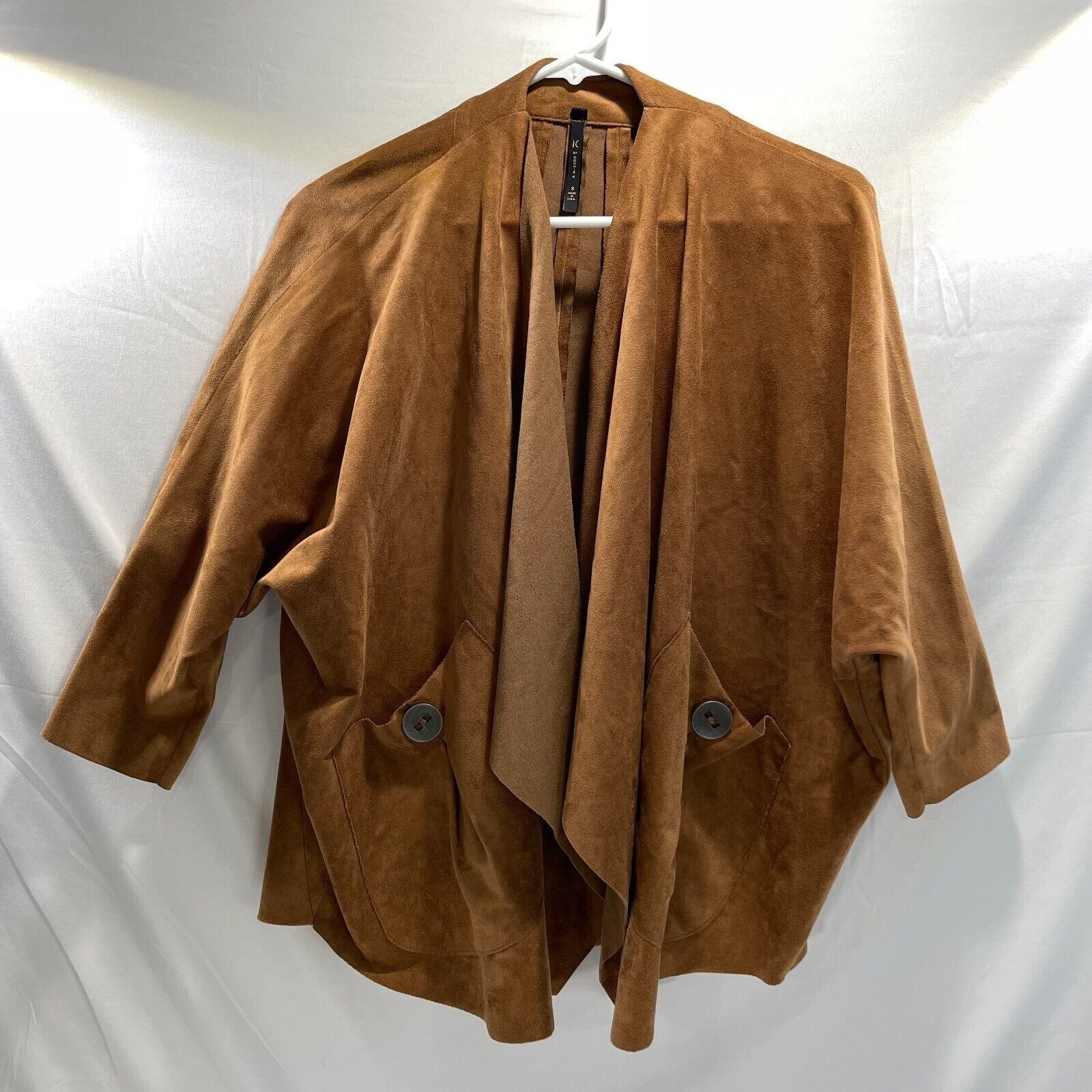 IC by Connie K Women Small Faux Suede Drape Jacket 3/4 Sleeve Brown Asymmetrical