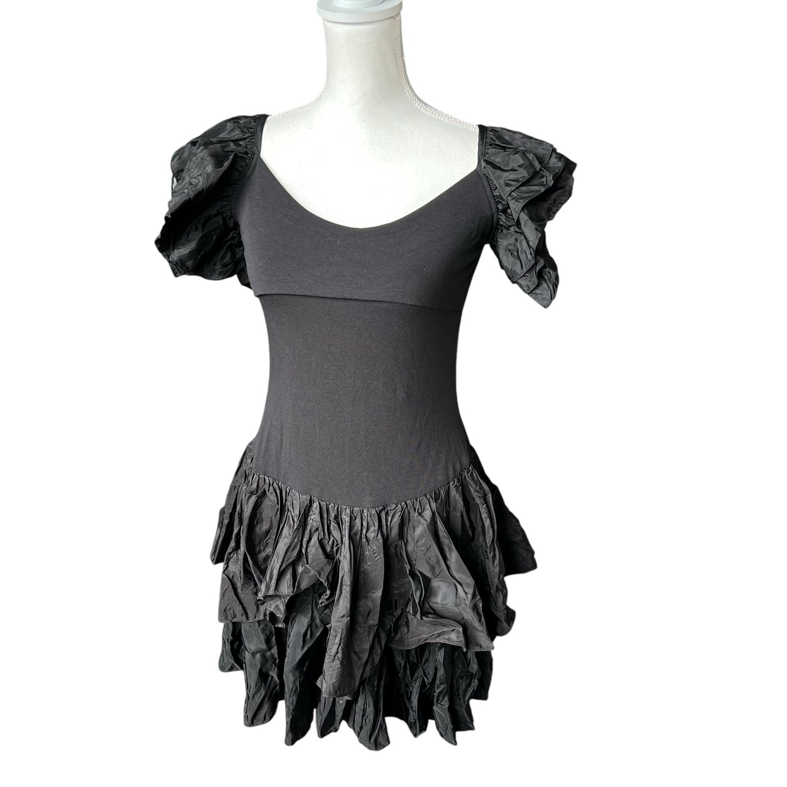 VTG 80s Diamonds run prom party dress taffeta ruffles black open back medium
