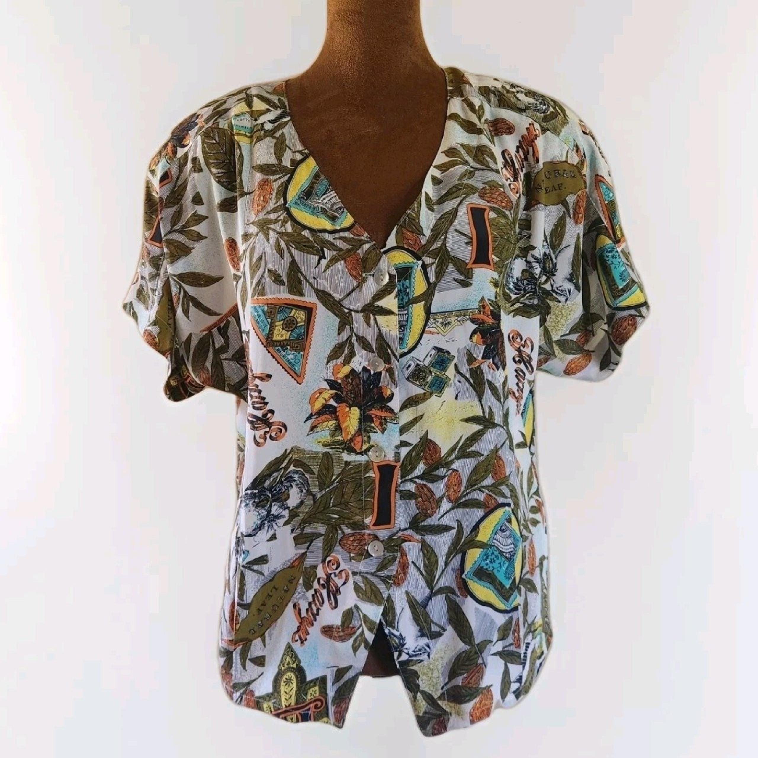Vintage Women's Nicola Top Size M Graphic Leaf Print Shoulder Pads 90s Tropical